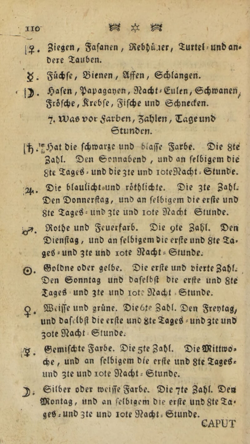 [£. 3<e0cn> 5afan?n, SSebbiuer, SurteUunban* bere tauben. $. 5«dbfc, 25ienen, Stffen, ©drangen. • (}. ^afcn, <)>apagat)en, 9?acfc fluten, ©c&töflneiT grüfcfce, Jtrcbfe, unb ©cfcnccfen. 7. rUasrotSatben, 3at?len, Engeunb ©tunbcn. [■^ .'®;Äat bie fcferoarie unb b.aflfe garbe. Die 8te gabt, ©wi ©ennabenb , unb an fetbigem bie gte 2ageä» unb bie 3te unb iote9?ad>t = ©tunbe. 2f,. Die b(auii<$t«unb rot&ficfcte. Die 3te 3flM- Den Donncrftag, unb an felbigem bie erfle unb gtc $age$= unb 3te unb iote 9?acbt ©tunbe. K^m Oiot&e unb gcuerfarb. Die ytc 3ö$I- Den Dienjfag, unb an felbigenrbic crffeunb 8te 2a* geä ;unb 3tc unb iote 9?a<$t = ©iunbe. q, (Sotbne ober gctbe. Die erffe unb Eierte 3<»tü. Den ©onntag unb bafefbft bie erfte unb 8te £ageö unb 3te unb iote 9?acU ©tunbe. <j>. 5BiilTe unb grüne. Die6jp B^M. Den S^btagi/ unb bafiCb(l bieertfe unb gte 2ageÖ -unbgte unb 3ote Sftadjt ©tunbe; y ©emifcfcte §arbe. Dieste 3<»M. DieSRittroo» cfee , unb an frtbigem bie erffe unb 8te 2age$* unb 3te unb iote 9?acbt - ©tunbe. ©über ober toetiTe Sarbe. Die 7te 3<*M- SKontag, unb an fclbigcm bte erfre unb gte 5a* ge0. unb3tc unö iote 9?acfet= ©tunbe. CAPUT