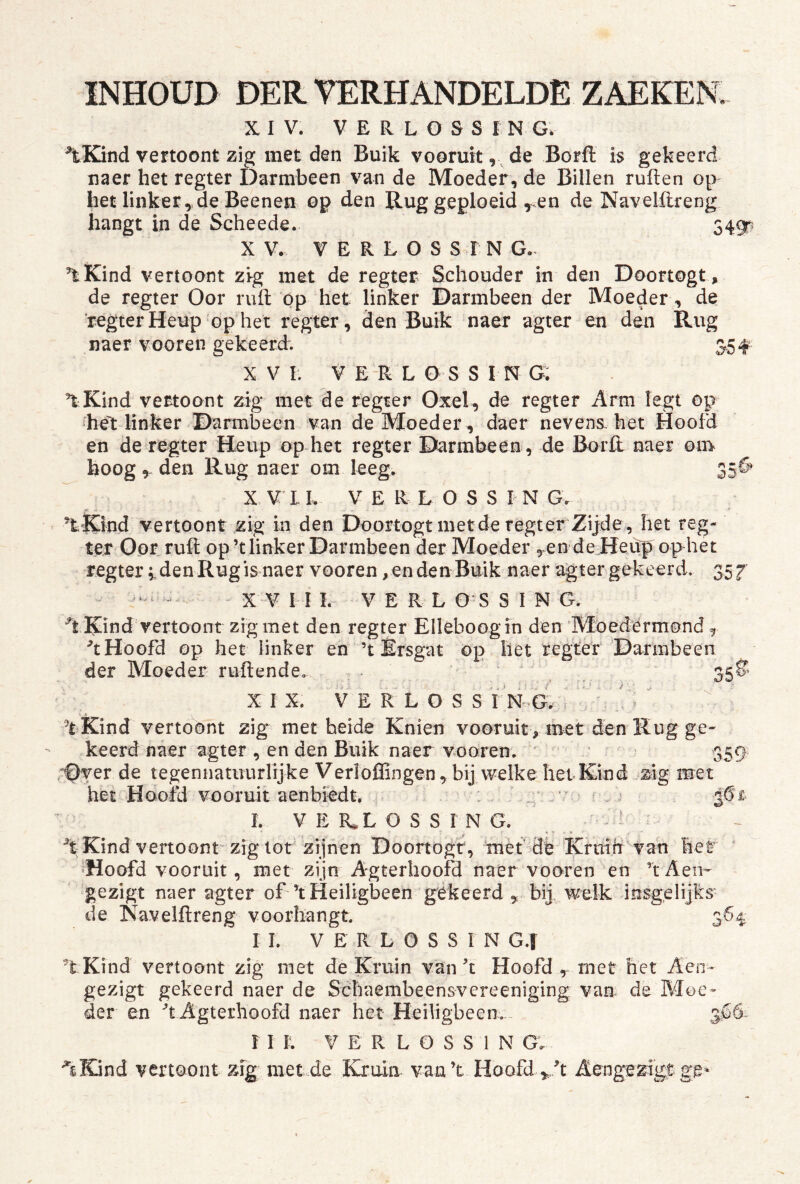 XIV. VERLOSSING. \Kind vertoont zig met den Buik vooruit, de Borfl h gekeerd naer het regter Darmbeen van de Moeder, de Billen ruften op het linker, de Beenen op den Ruggeploeid ^.en de Navelflreng hangt in de Scheede. 3 X V. VERLOSSING.. ^ Kind vertoont zig met de regter Schouder in den Doortogt , de regter Oor ruft op het linker Darmbeen der Moeder, de ’regter Heup op'het regter , den Buik naer agter en den Rug naer vooren gekeerd'. X VI . V E R L O S S I N G. ^ Kind vertoont zig met de regrer Oxel, de regter Arm legt op het linker Darmbeen van de Moeder, daer nevena het Hoofd en de regter Heup op het regter Darmbeen , de Borft naer om hoog den Rug naer om leeg. 356* XVII. V E R L O S S IN G. ^tfönd vertoont zig in den Doortogt met de regter Zijde, het reg- ter Oor ruft op’t linker Darmbeen der Moeder ,.en de Heup op het regterden Rug is naer vooren, en den Buik naer agter gekeerd. 357^ - X V i I I. V E R L o S S I N G. “t Kind vertoont zig met den regter Elleboog in dén Moedërmond ^ ft Hoofd op het linker en ’t Érsgat op het regter Darmbeen der Moeder ruftende. . . 35^’ XIX. V E R L o S S ING.; ^ t Kind vertoont zig met heide Knien vooruit> mét den Rug ge- keerd naer agter , en den Buik naer voören. ^ ^ 359 ,Dver de tegennatiiurlijke Verloffingen, bij welke het Kind ,zig met het Hoofd vooruit aenbiedt, I. ¥ E ÏLL O S S I N G. Kind vertoont'zig lot zijhen Doortogt, mèt dé Kruiir' van het ïHoofd vooruit, met zijn Agterhoofd naer vooren en ’tAen-^ gezigt naer agter of ’t Heiligbeen gekeerd , bij welk insgelijks de Navelftreng voorhangt I I. V E R L O S S I N G.| ft Kind vertoont zig met de Kruin van ft Hoofd j triet het Aen gezigt gekeerd naer de Schaembeensvcreeniging vaa de Mee der en ft Agterhoofd naer het Heiligbeen.,- ft Kind vertoont zFg met de Kruin vaa’t Hoofd ,.,ft Aengezigtg 301