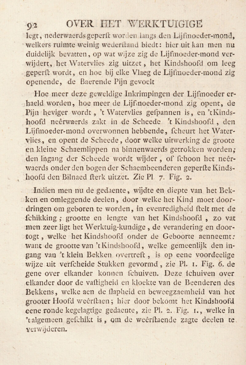 I 92 OVER HET WERKTUIGIGE legt, nederwaerdsgeperft worden langs den Lijfmoeder-mond, welkers ruimte weinig wederdand biedt: bier uit kan men nu duidelijk bevatten, op wat wijze zig de Lijfmoeder-mond ver- wijdert, het Watervlies zig uitzet, het Kindshoofd om leeg geperft wordt, en hoe bij elke Vlaeg de Lijfmoeder-mond zig openende, de Baerende Pijn gevoelt Hoe meer deze geweldige Inkrimpingen der Lijfmoeder er- haeld worden, hoe meer de Lijfmoeder-mond zig opent, de Pijn heviger wordt, ’t Watervlies gefpannen is, en’t Kinds- hoofd neêrwaerds zakt in de Scheede ’t Kindshoofd , den Lijfmoeder-mond overwonnen hebbende, fcheurt het Water- vlies, en opent de Scheede, door welke uitwerking de groote en kleine Schaemlippen na binnenwaerds getrokken worden,* den Ingang der Scheede wordt wijder , of fchoon het neêr- waerds onderden bogen der Schaembeenderen geperfte Kinds- hoofd den Biinaed fterk uitzet. Zie PI 7. Fig. 2. •Indien men nu de gedaente, wijdte en diepte van het Bek- . ken en omleggende deelen, door welke het Kind moet door- dringen om geboren te worden, in evenredigheid ftelt met de fchikking ,* grootte en lengte van het Kindshoofd , zo vat men zeer ligt het Werktuig-kundige , de verandering en door- togt, welke het Kindshoofd onder de Geboorte aenneemt.* want de grootte van ’t Kindshoofd, welke gemeenlijk den in- gang van ’t klein Bekken overtreft, is op eene voordeelige wijze uit verfcheide Stukken gevormd, zie PI. i. Fig. 6. de gene over elkander konnen fchuiven. Deze Ichuiven over elkander door de vaftigheid en kloekte van de Beenderen des Bekkens, welke aen de flapheid en beweegzaemheid van het grooter Hoofd weêrllaen; hier door bekomt het Kindshoofd eene ronde kegelagtlge gedaente, zie PI. 2. Fig. i., welke in ’t algemeen gefchikt is, om de weêrftaende zagte deelen te. verwijderen-