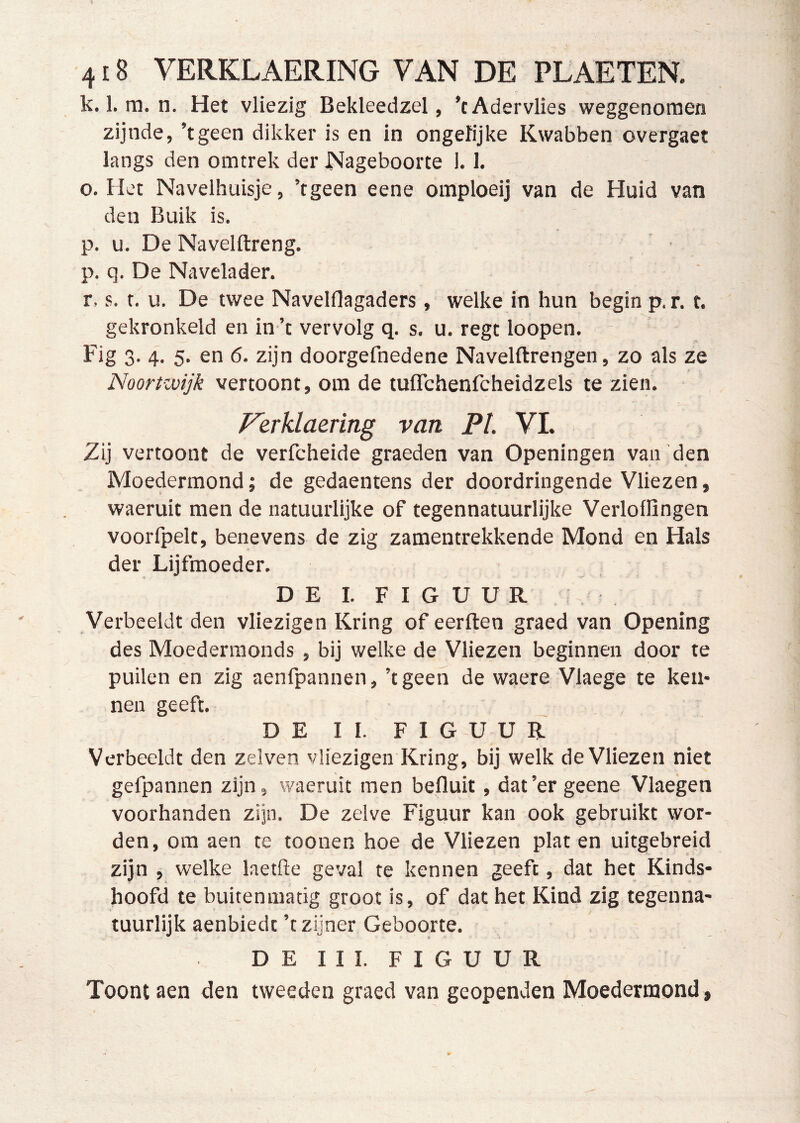 k. 1. rn. n. Het vliezig Bekleedzel, ’tAdervlies weggenomen zijnde, ’tgeen dikker is en in ongefijke Kwabben overgaet langs den omtrek der Nageboorte 1.1. o. Het Navelhuisje, ’tgeen eene omploeij van de Huid van den Buik is. p. u. De Navelftreng. ■ p. q. De Navelader. r, s. t, u. De twee Navelflagaders , welke in hun begin p. r. t. gekronkeld en in ’t vervolg q. s. u. regt loopen. Fig 3- 4’ 5- en <5. zijn doorgefnedene Navelftrengen, zo als ze Noortzvijk vertoont, om de tuflchenfcheidzels te zien. Ferklaering van PI. VI. Zij vertoont de verfcheide graeden van Openingen van den Moedermond; de gedaentens der doordringende Vliezen, waeruit men de natuurlijke of tegennatuurlijke Verloffingen voorfpelt, benevens de zig zamentrekkende Mond en Hals der Lijfmoeder. D E I. F I G U U R Verbeeldt den vliezigen Kring of eerften graed van Opening des Moederraonds , bij welke de Vliezen beginnen door te puilen en zig aenfpannen, ’tgeen de waere Vlaege te ken- nen geeft. D E I I. F I G U U R Verbeeldt den zelven vliezigen Kring, bij welk de Vliezen niet gefpannen zijn, waeruit men befluit, dat’er geene Vlaegen voorhanden zijn. De zelve Figuur kan ook gebruikt wor- den, om aen te toonen hoe de Vliezen plat en uitgebreid zijn , welke laetfte geval te kennen geeft, dat het Kinds- hoofd te buitenmatig groot is, of dat het Kind zig tegen na- tuurlijk aenbiedt ’t zijner Geboorte. DEIII. FIGUUR Toont aen den tweeden graed van geopenden Moedermond,