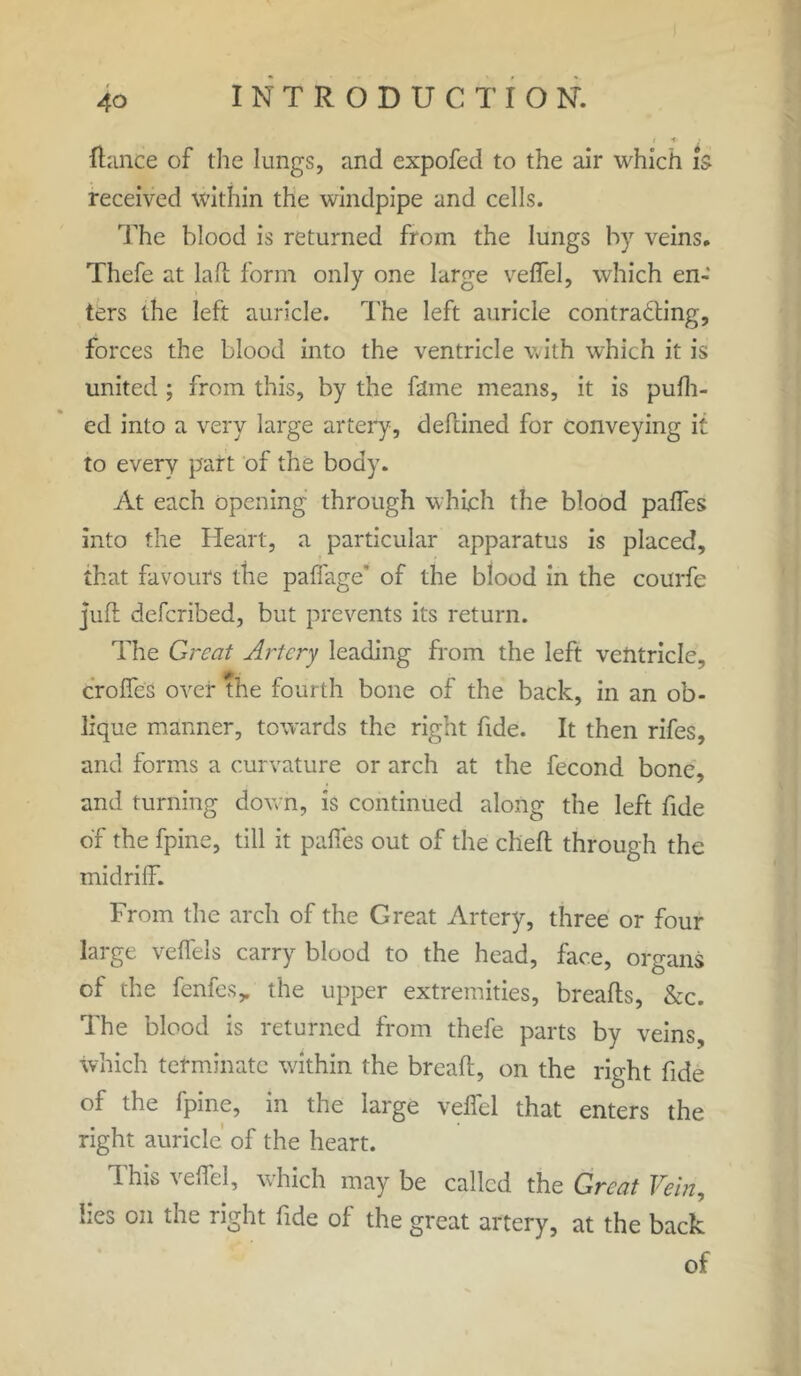 (lance of the lungs, and expofed to the air which Is received within the windpipe and cells. The blood is returned from the lungs by veins. Thefe at laft form only one large veffel, which en- ters the left auricle. The left auricle contracting, forces the blood into the ventricle with which it is united ; from this, by the fame means, it is pufh- ed into a very large artery, deftined for conveying it to every part of the body. At each opening through which the blood paffes into the Heart, a particular apparatus is placed, that favours the paffage of the blood in the courfe juft defcribed, but prevents its return. The Great Artery leading from the left ventricle, crofte'S over the fourth bone of the back, in an ob- lique manner, towards the right fide. It then rifes, and forms a curvature or arch at the fecond bone, and turning down, is continued along the left fide of the fpine, till it paffes out of the cheft through the midriff. From the arch of the Great Artery, three or four large veffels carry blood to the head, face, organs of the fenfes,. the upper extremities, breads, &c. The blood is returned from thefe parts by veins, which terminate within the breaft, on the right fide of the fpine, in the large veffel that enters the right auricle of the heart. This veffel, which may be called the Great Vein, lies on the right fide of the great artery, at the back of