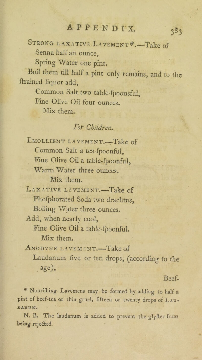 APPENDIX. 3S3 Strong laxative Lavement*. Take of Senna half an ounce, Spring Water one pint. Boil them till half a pint only remains, and to the ftrained liquor add. Common Salt two table-fpoonsful, line Olive Oil four ounces. Mix them. For Children. Emollient lavement.—Take of Common Salt a tea-fpoonful. Fine Olive Oil a table-fpoonful. Warm Water three ounces. Mix them. Laxative lavement.—Take of Phofphorated Soda two drachms. Boiling Water three ounces. Add, when nearly cool, Fine Olive Oil a table-fpoonful. Mix them. Anodyne lavement.—Take of Laudanum five or ten drops, (according to the age)> Beef- * Nourifhing Lavemens may be formed by adding to half a pint of beef-tea or thin gruel, fifteen or twenty drops of Lau- DAKUM. N. B. The laudanum is added to prevent the glyfter from being rejected-