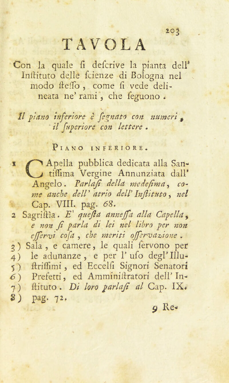 2°3 TAVOLA Con Ja quale fi defcrive la pianta dell1 Infiituto delle faenze di Bologna nel modo Beffo , come fi vede deli- neata ne’ rami, che leguono * Il piano inferiore- è fegnclto con numeri 9 il fuperiore con lettere . Piano interiore. 1 Apella pubblica dedicata alla San- \ j tifiìma Vergine Annunziata dall1 Angelo. Varlafe della mede (ima, co- me anche dell ’ atrio dell’ Inftituto, nel Cap. Vili. pag. <58. 2 Sagrifba. E' qnejla annejja alla Capella, e non Jì parla di lei nel libro per non eJJernji cofa , che meriti offerì anione . 3 ) Sala , e camere, le quali fervono per 4) le adunanze, e per l’ufo degl’Illu- 5 ) Brillimi, ed Eccelfi Signori Senatori 6 ) Prefetti, ed Amminifiratori dell’ In- 7 ) ftituto . Di loro pari afe al Cap. IX< 8) pag. 72, g Re*