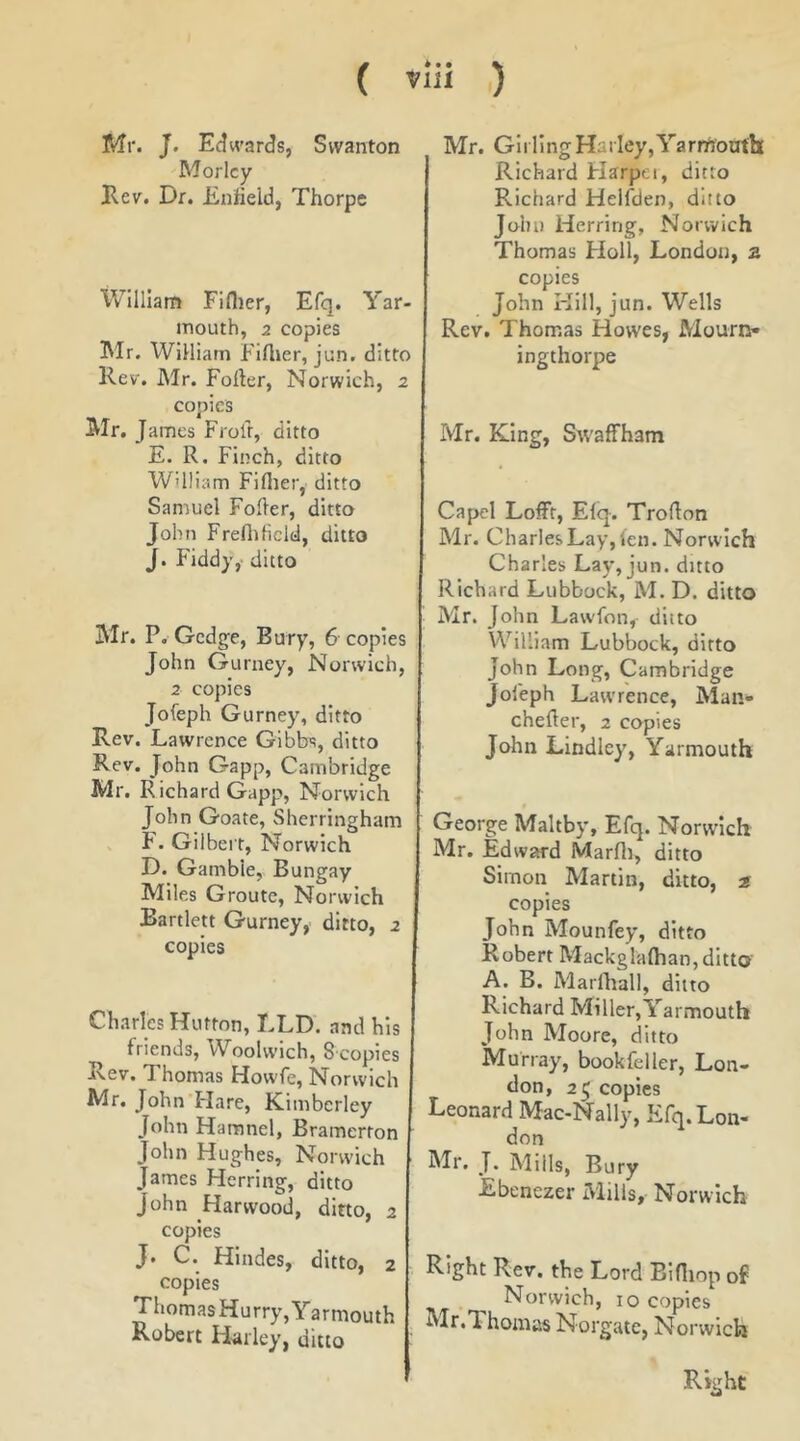 Mr. J. Edw’ards, Svvanton Morlcy Rev. Dr. Eniield, Thorpe William Fiflier, Efq. Yar- mouth, 2 copies Mr, William Fiflier, jun. ditto Rev. Mr. Foller, Norwich, 2 copies Mr. James Frolr, ditto E. R. Fiuch, ditto W'lliam Fiflier, ditto Samuel Fofler, ditto John Frelhficld, ditto J. Fiddy, ditto Mr. P, Gcdge, Bury, 6 copies John Gurney, Norwich, 2 copies Jofeph Gurney, ditto Rev. Lawrence Gibbs, ditto Rev. John Gapp, Cambridge Mr. Richard Gapp, Norwich John Goate, Sherringham F. Gilbert, Norwich D. Gamble, Bungay Miles Groute, Norwich Bartlett Gurney, ditto, 2 copies Charles Hutton, LLD. and his friends, Woolwich, S copies Rev. Thomas Howfe, Norwich Mr. John Hare, Kimberley John Hamnel, Bramerton John Hughes, Norwich James Herring, ditto John Flarwood, ditto, 2 copies J. C. Hindes, ditto, 2 copies ThomasHurry, Yarmouth Robert Harley, ditto Mr. Gil ling Harley, Yarniouth Richard Flarpei, ditto Richard Heifden, ditto John Herring, Norwich Thomas Holl, London, z copies John Hill, jun. Wells Rev. Thomas Howes, Mourn- ingthorpe Mr. King, Swaffham CapcI LofFt, Efq. Troflon Mr. Charles Lay, fen. Nonvich Charles Lay, jun. ditto Richard Lubbock, M. D. ditto Mr. John Lawfon, ditto William Lubbock, ditto John Long, Cambridge Jofeph Lawrence, Man- chefler, 2 copies John Lindley, Yarmouth George Maltby, Efq. Norwich Mr. Edward Marfli, ditto Simon Martin, ditto, z copies John Mounfey, ditto Robert Mackglafhan, ditto A. B. Marlliall, ditto Richard Miller,Yarmouth John Moore, ditto Murray, bookfeller, Lon- don, 25 copies Leonard Mac-Nally, Efq. Lon- don Mr. J. Mills, Bury Ebenezer Mills, Norwich Right Rev. the Lord Eifliop of Norwich, 10 copies Mr.Thomas Norgate, Norwich Right