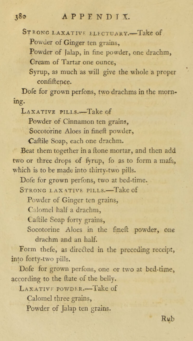 Strong laxative lli-ctuary.—Take of Powder of Ginger ten grains. Powder of jalap, in fine powder, one drachm, Cream of Tartar one ounce. Syrup, as much as will give the whole a proper confidence. Dofe for grown perfons, two drachms in the morn- ing. Laxative pills.',—Take of Powder of Cinnamon ten grains, Socotorine Aloes in fined powder, Cadile Soap, each one drachm. Beat them together in a done mortar, and then add two or three drops of fyrup, fo as to form a mafs, which is to be made into thirty-two pills. Dofe for grown perfons, two at bed-time. Strong laxativf. pills.—Take of Powder of Ginger ten grains. Calomel half a drachm, Cadile Soap forty grains, Socotorine Aloes in the fined powder, one drachm and an half. Form thefe, as direfted in the preceding receipt, into forty-two pills. Dofe for growm perfons, one or two at bed-time, according to the date of the belly. Laxative powdf.r.—Take of Calomel three grains, Powder of Jalap ten grains. Rub