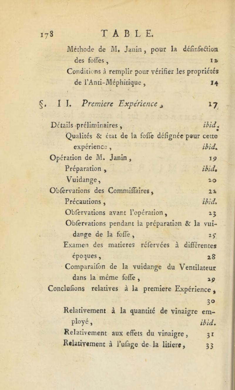 Méthode de M« Janin , pour la défïnfediott des foffes, i a Conditions à remplir pour vérifier les propriétés de l’Anti-Méphitique , 14 II. Première Expérience ^ n Détails préliminaires, ibid Qualités & état de la foffe défîgnée pour cette ibid,. ibid,t expérience , Préparation , Vuidange, Obfèrvations des CommilTaires , 1% Précautions, ibid. Obfèrvations avant l’opération, 23 Obfèrvations pendant la préparation & la vui- dange de la folTe , 2? Examen des matières réfèrvées à différentes époques, 28 Comparaifôn de la vuidange du Ventilateur dans la même folfe , Conclufions relatives à la première Expérience, 30 Relativement à la quantité de vinaigre em- Ployé, ibid. Relativement aux effets du vinaigre, 31 Relativement à l’ufage de la litière, 33 • a