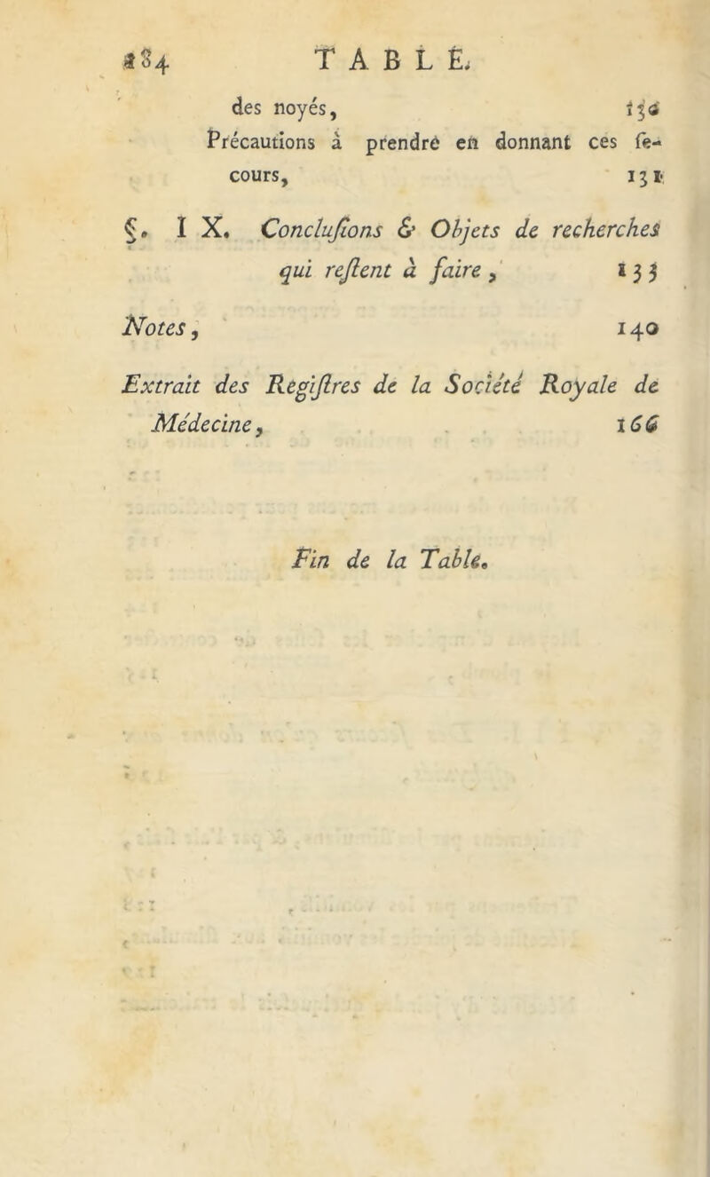 TABLÉ & des noyés, tyd Précautions à prendra en donnant ces re- cours, 15 x- §* IX. Concluions & Objets de recherches qui rejlent à faire , 133 Notes, 140 Extrait des Regijlres de la Société Royale de Médecine, Fin de la Table.
