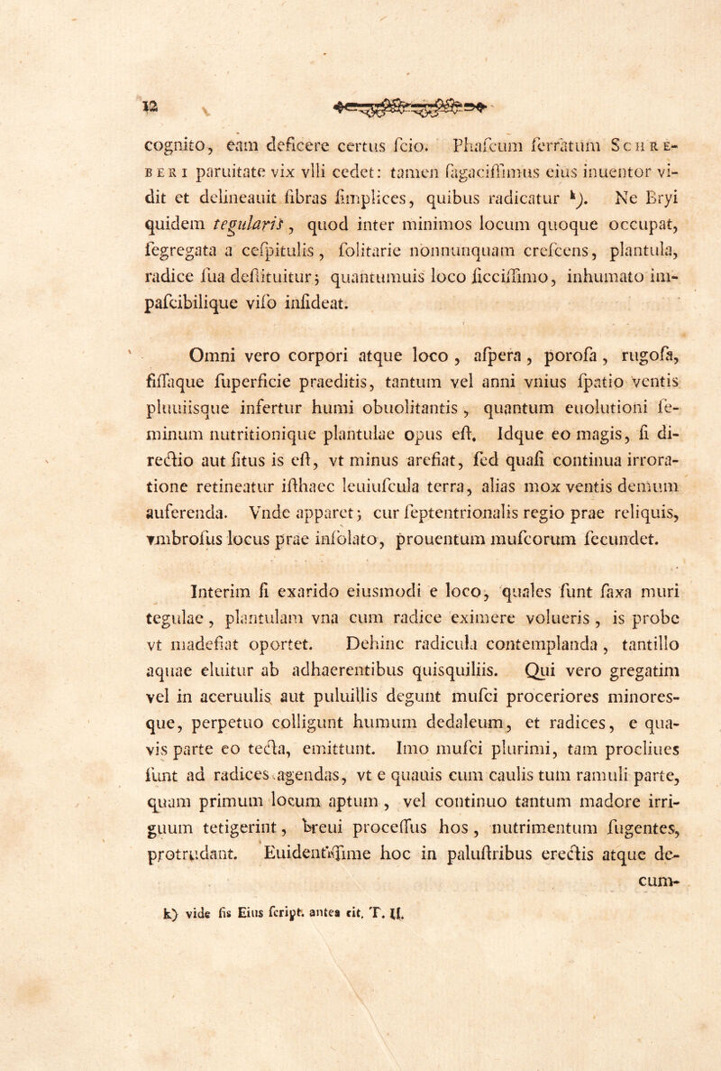 i \ 12 cognito5 eam deficere certus fcio. Pharcuni ferratum Schre- BER I paruitate vix vili cedet: tamen fiigaciiTimus eius inuentor vi- dit et delineauit fibras fimplices^ quibus radicatur ^). Ne Bryi quidem tegulari^, quod inter minimos locum quoque occupat, fegregata a cefpitulis , foiitarie nbnnimquam crefcens, plantiila, radice fua defiituitur^ quantumuis loco ficcifiimo, inhumato im- pafcibilique vifo infideat. Omni vero corpori atque loco , afpera, porofa, rugofii, fifiiique fuperficie praeditis, tantum vel anni vnius fpatio ventis pluuiisque infertur humi obuolitantis , quantum euolutioiii fe- minum nutritioiiique plantulae opus efi, Idque eo magis, fi di- redio aut litus is efi, vt minus arefiat, fed quali continua irrora- tione retineatur ifihaec leuiufcula terra, alias mox ventis demum auferenda. Vndc apparet) cur feptentrionalis regio prae reliquis, Tmbrofus locus prae inlolato, prouentum mufcorum fecundet. Interim li exarido eiusmodi e loco, ‘quales funt faxa muri tegulae, plantulam vna cum radice eximere volueris , is probe vt madefiat oportet. Dehinc radicula contemplanda , tantillo aquae eluitur ab adhaerentibus quisquiliis. Qui vero gregatim vel in aceruulis aut puluillis degunt mufei proceriores minores- que, perpetuo colligunt humum dedaleum, et radices, e qua- vis parte eo teda, emittunt. Imo mufei plurimi, tam proclines funt ad radices,agendas, vt e quauis cum caulis tum ramuli parte, quam primum locum aptum, vel continuo tantum madore irri- guum tetigerint, breui procefliis hos, nutrimentum fugentes, i protrudant. Euidentifiime hoc in paluftribus eredis atque de- cum- k> vide fis Eius fcriyt. antea cit, T.