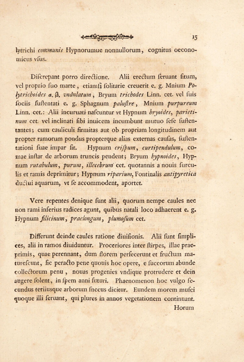 lytrichi communis Hypnoruniue nonnullorum, cognitus oecono* niicus vfus. ’ i Difcrepant porro direcflione. Alii eredtum fcruant litum, vel proprio fuo marte , etiamli folitarie creuerit €♦ g. Mnium_P^^ lytrichoides vndnlatum ^ Bryum trichodes Linn. cet vel fuis fociis fuflentati e. g, Sphagnum palnjlre ^ Mnium furfureum Linn. cet.: Alii incuruati nafcuntur vt Hypnum hryoides^ farieti^ num cet vel inclinati libi inuicem incumbunt mutuo fele fuften- tantes^ cum cauliculi firmitas aut ob propriam longitudinem aut propter ramorum pondus propterque alias externas cauCas, lufien- tationi fuae impar fit. Hypnum criffum^ curtifendulum^ co- mae inftar de arborum truncis pendent^ Bryum hyfnoides^ Hyp- num rutabulum^ furunt^ iUecelrwn ctt. c^otmnis a nouis furcu- lis et ramis deprimitur 5 Hypnum rifarium^ Fontinalis mtifyretka ductui aquarum, vt fe accommodent, aportet. Vere repentes denique funt alii, quorum nempe caules nec non rami inferius radices agunt, quibus natali loco adhaerent e. g. Hypnum fUicinum^ fraelongum ^ flumofum cet. Differunt deinde caules ratione diuifionis. Alii funt fimpli- ccs, alii in ramos diuiduntur. Proceriores inter ftirpes, illae prae- primis, quae perennant, dum florem perfecerunt et frueflum ma- turefeunt, fic peradlo pene quouis hoc opere, e fuccorum abunde colleflorum penu , nouas progenies vndique protrudere et dein augere Iblent, infpem anni futuri. Phaenomenon hoc vulgo fe- cundus teriiusque arborum fnccus dicitur. Eundem morem mufei quoque illi feruant, quiplures in annos vegetationem continuant. Horum