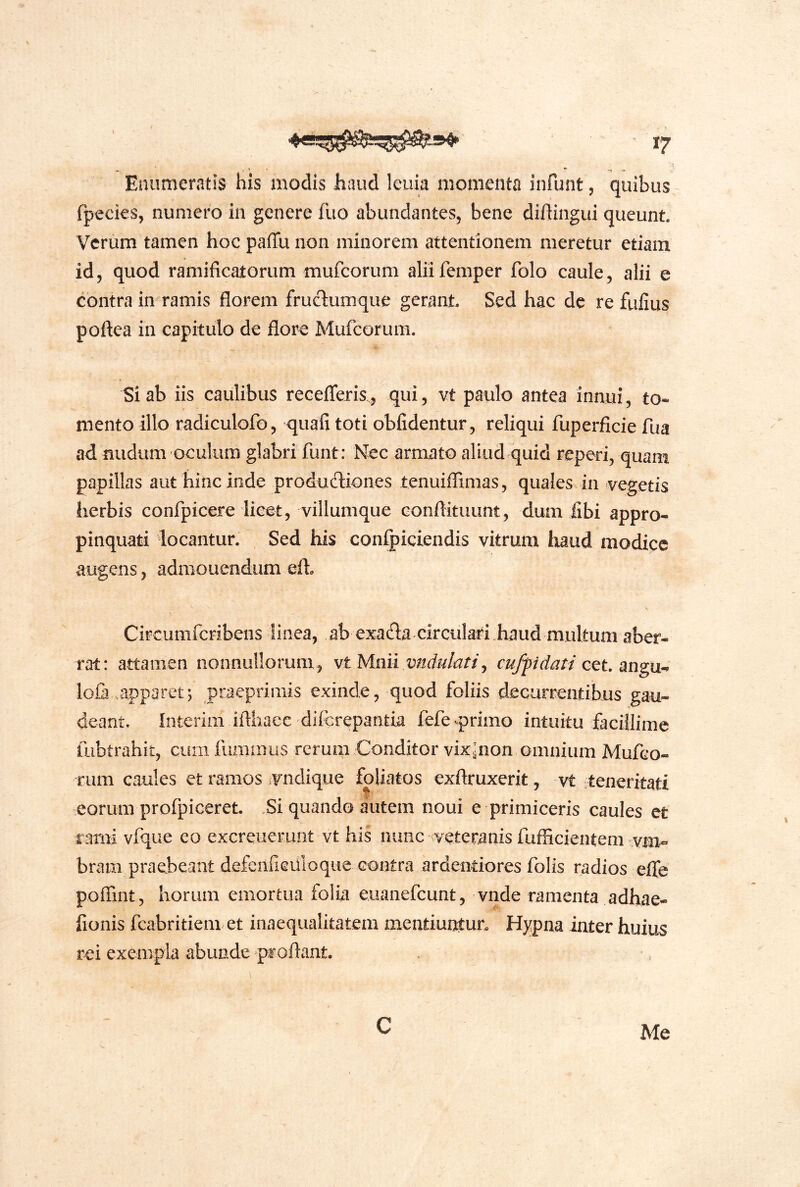 Enumeratis his modis haud leuia momenta infunt, quibus fpecies, numero in genere fiio abundantes, bene dihingui queunt. Verum tamen hoc paffu non minorem attentionem meretur etiam id, quod ramificatorum mufeorum aliifemper folo caule, alii e contra in ramis florem frudumque gerant Sed hac dc re fulius poftea in capitulo de flore Mufeorum. Si ab iis caulibus recefferis, qui, vt paulo antea innui, to- mento illo radiculofo, quali toti oblidentur, reliqui fuperficie fua ad nudum oculum glabri funt: Nec armato aliud quid reperi, quam papillas aut hinc inde producliones tenuiflimas, quales in vegetis herbis confpicere licet, villumque conflituunt, dum libi appro- pinquati locantur. Sed his conlpiciendis vitrum haud modice augens, admonendum elh Circumferibens linea, ab exada circulari .haud multum aber- rat: attamen nonnullorum, vtMxm.vndidati^ cufpidati Qtt, lofi apparet; praeprimis exinde, quod foliis decurrentibus gau- deant. Interim iflhaec diferepantia fefe^primo intuitu facillime fiibtrahit, cum fiuninus rerum Conditor vix^non.omnium Mufeo- riim caules et ramos iVndique foliatos exftruxerit, vt ^teneritati eorum profpiceret. .Si quando autem noui e primiceris caules et r.anii vfque eo exercuerunt vt his nunc veteranis fufficientem-vm- bram praebeant defenfieiiloque contra ardentiores folis radios elTe poffint, horum emortua folia euanefeunt, vnde ramenta adhae- lionis fcabritiem et inaequalitatem mentiuntur. Hjfpna inter huius rei exempla abunde prodant. C Me