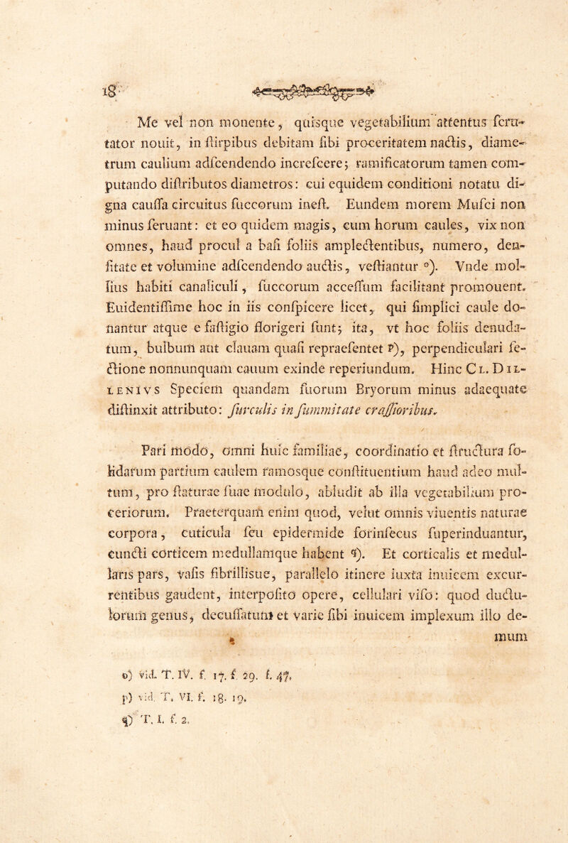 Me vel non monente^ quisque vegetabilium attentus fcrti«=- tator nouitj in ftirpibus debitam fibi proceritatem nadis, diame- trum caulium adfcendendo increfcere; ramificatorum tamen com- putando diftributos diametros: cui equidem conditioni notatu di- gna cauffa circuitus fuccorum ineft. Eundem morem Mufci non minus feruant: et eo quidem magis, cum horum caules , vix non omnes, haud procul a bafi foliis ampledtentibus, numero, den- filate et volumine adfceiidendo audis, veffiantur ®). Vnde mol- liiis habiti canaliculi, fuccorum acceflum facilitant promouent, Euidentiffime hoc in iis conlpicere licet, qui fimplici caule do- nantur atque e fafligio florigeri funt^ ita, vt hoc foliis denuda- tum, bulbum aut clauam quali repraefentet ^), perpendiculari fe- dione nonnunquam cauum exinde reperiundum. Hinc C l. D i l- LENivs Speciem qiiandam fiiorum Bryorum minus adaequate diflinxit attributo: furculis infummitate crajjtarihus. Pari modo, omni huic familiae, coordinatio et flrudura fo- Mdafum pardum caulem famosque conflituciitium haud adeo mul- tum, pro flaturae fuae modulo, abludit ab ilia vegetabilium pro- ceriorum. Praeterquam enim quod, velut omnis viuentis naturae corpora, cuticula feu epidermide forinfecus fuperinduantur, eundi corticem medullanique habent ^). Et corticalis et medul- lans pars, vafis fibrillisue, parallelo itinere iuxta iniiiccm excur- rentibus gaudent, interpolito opere, cellulari vifo: quod dudu- Iorum genus, dcGuiratunr et varie fibi inuicem implexum illo de- \ - mum V fc • I ' c) vkI. T. iv. f. I^. f 19. 4f. J-.) v;<l T. VI, f. ig. !0,