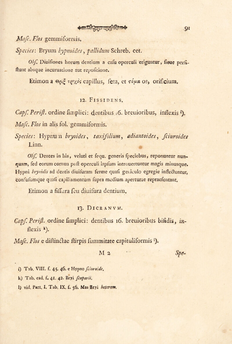 Flos gemmiformis. Species: Bvyum hypioiaes^ falUdiim Sohxch, cet. Obf^ Diuifiones horum dentium a cafu operculi eriguntur, fieuc perfi- flunt absque incuruatioue aut repoficione* Edinon a capillus^, feta, et os, orificium, 12. Fis SI DENS. Ca^f.Perift, ordine finiplici: cieutibus i6. breuioribus, inflexis *). Mafc. Flos in alis fol. gemmiformis. Species: Hypnun bryoides^ taxifolium^ adiantoides^ fciuroides Linn. ObF Dentes In his, veluti et fequ. generis fpecicbus, reponuntur nun- quam, fed eorum cornua pofl operculi lapfum introuertuntur magis minusque. Hypni hrymdh ad dentis diuifuram ferme quafi geniculo egregie infleduntur, Confufumque quafi capillamentum fupra medium aperturae repraefientant, Etimoii a filTara feu diuifiura dentium, i 13. Dicranvm. €apf. Perift. ordine fimplici: dentibus 16. breuioribys bifidis, ia- flexis '■). Mafc. Flos e difiindiae fiirpis fummitate capituliforniis ‘). M a ' ■ Spe- % i) Tab. VIII. f. 4 5. 46, e Hypno fim oide, k) Tab. cad. f, 41. 42. Bryi fcQparii,