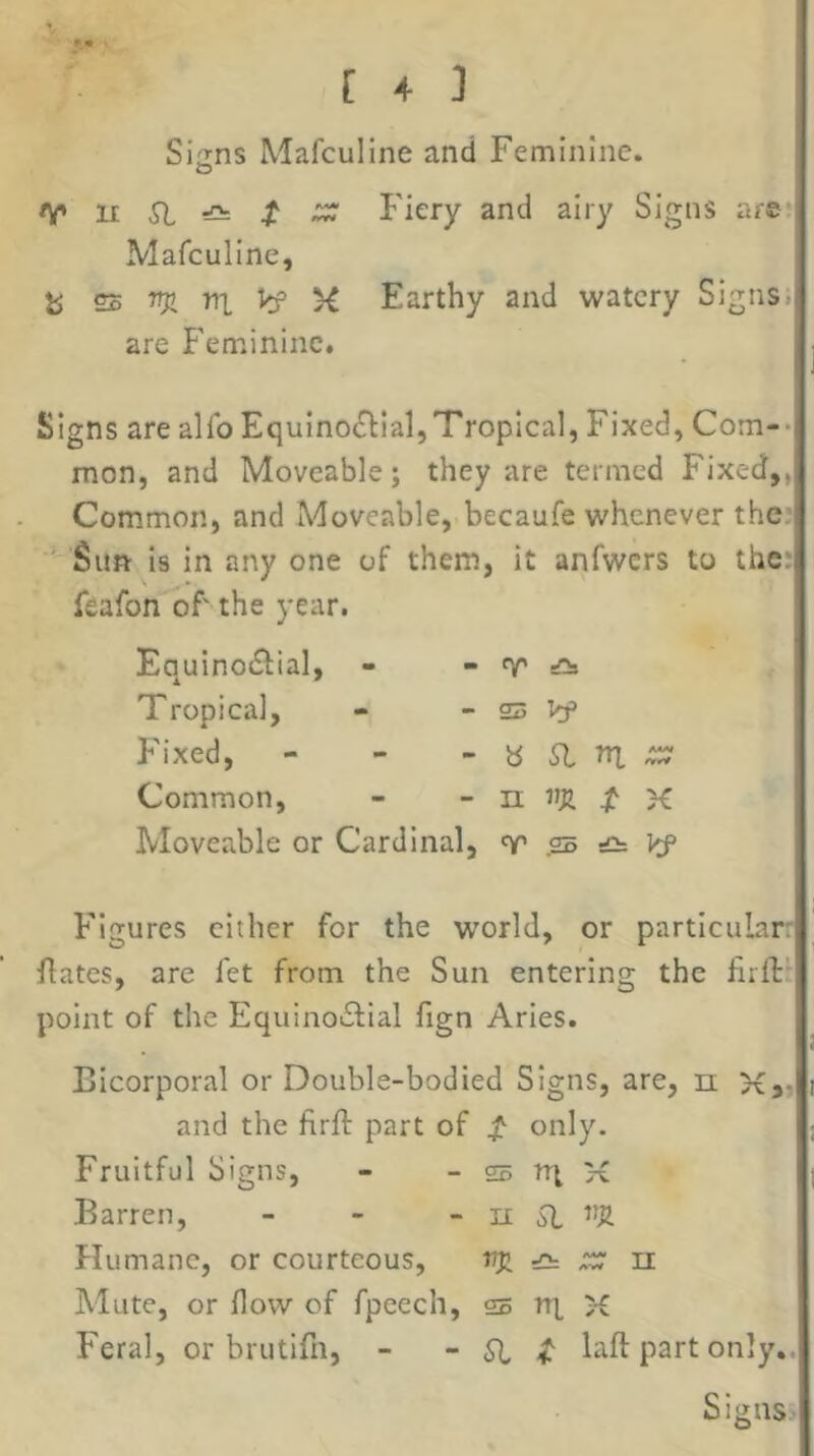 fir 11 SI t Fiery and airy Signs are* Mafculine, b es ni Vf K Earthy and watery Signs, are Feminine. Signs are alfo Equino^ial,Tropical, Fixed, Corn-* mon, and Moveable; they are termed Fixed,, Common, and Moveable, becaufe whenever the; Sun is in any one of them, it anfwcrs to the; feafon of' the year. Equinoctial, - Tropical, Fixed, - - - Common, Moveable or Cardinal, 2S Vf « SI rq n vji f X T .SB £= Figures cither for the world, or particular: flates, are fet from the Sun entering the firlF’ point of the Equinoctial fign Aries. Bicorporal or Double-bodied Signs, are, n Xjj and the firft part of f only. Fruitful Signs, - - S5 nx K Barren, - - - n SI ’’Jl Humane, or courteous, vji yvw n I Mute, or flow of fpeech, s5 rq, >£ Feral, or brutifn, - - SI ^ laft part only..