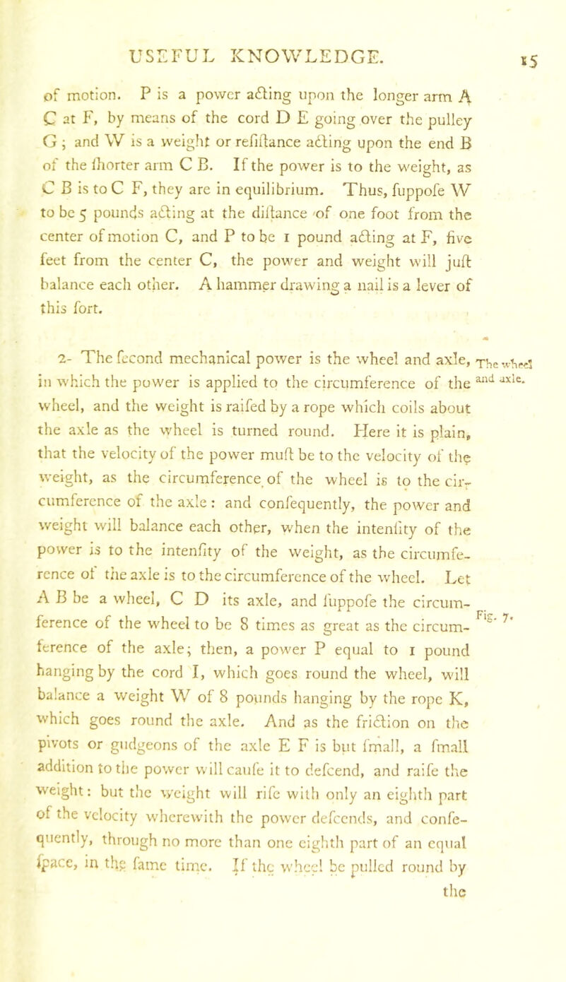 of motion. P is a power afting upon the longer arm A C at F, by means of the cord D E going over the pulley G ; and W is a weight or refiftance ailing upon the end B of the ihorter arm C B. If the power is to the weight, as C B is to C F, they are in equilibrium. Thus, fuppofe W to be 5 pounds ailing at the dillance -of one foot from the center of motion C, and P to be i pound ailing at F, hve feet from the center C, the power and weight will juft balance each other. A hammer drawing a nail is a lever of this fort. 2- The fccond mechanical power is the wheel and axle, in which the power is applied to the circumference of the wheel, and the weight is raifed by a rope which coils about the axle as the wheel is turned round. Flere it is plain, that the velocity of the power muft be to the velocity of the weight, as the circumference of the wheel is to the cir- cumference of the axle : and confequently, the power and weight will balance each other, when the intenfity of the power is to the intenfity of the weight, as the circumfe- rence ot t/ie axle is to the circumference of the w'hecl. Let A B be a wheel, C D its axle, and fuppofe the circum- ference of the wheel to be 8 tim.es as great as the circum- ference of the axle; then, a power P equal to i pound hanging by the cord I, which goes round the wheel, w'ill balance a weight W of 8 pounds hanging by the rope K, which goes round the axle. And as the fridlion on the pivots or gudgeons of the axle E F is biit fmall, a fmall addition totiie power will caule it to defcend, and raife the weight: but the weight will rife with only an eighth part of the velocity w'herewith the power defeends, and confe- quently, through no more than one eighth part of an equal Ipacc, in th? fame tirnc. II the wheel be pulled round by the