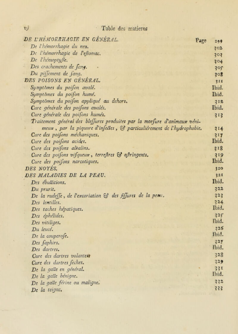 DE L'HÉMORRHAGIE EN GÉNÉRAL. Page 29* De lhémorrhagie du nez. ^02 De P hémorrhagie de Pejloniac. 30} De l'hémoptyfc. 304 Des crachements de fang. • 30$* Du piffement de fang. jof DES POISONS EN GÉNÉRAL. 311 Symptômes du poifon avalé. Ibid. Symptômes du poifon humé. Ibid. Symptômes du poifon applique au dehors. 51a Cure générale des poifons avalés. Ibid. Cure générale des poifons humés. 315 Traitement général des blejjurcs produites par la morfure d'animaux veni- meux , par la piquure d'infectes , éi particuliérement de Phydrophobie. 314 Cure des poifons méchaniques. 317 Cure des poifons acicks. Ibid. Cure des poifons alhalins. 318 Cure des poifons vif queux , terrejlres & afringents. 319 Cure des poifons narcotiques. Ibid. DES NOTÉS. J20 DES MALADIES DE LA PEAU. *21 Des ébullitions. Ibid. Du prurit. 5 22 De la rudeffe, de Pexcoriation £=? des fiffures de la peau. ?2? Des lentilles. 324 Des taches hépatiques. Ibid. Des c'phélides. 32f Des vitiliges. Ibid. Du leucé. 3 2 ^ De la coupcrofe. Ibid. Des faphirs. 3 2 P Des dartres. Ibid. Cure des dartres volante si 32 8 Cure des dartres feches. >2t De la galle en général. 5 ?1 De la galle bénigne. Ibid. De la galle férinc ou maligne. 3?2 jDe la teigne. U?