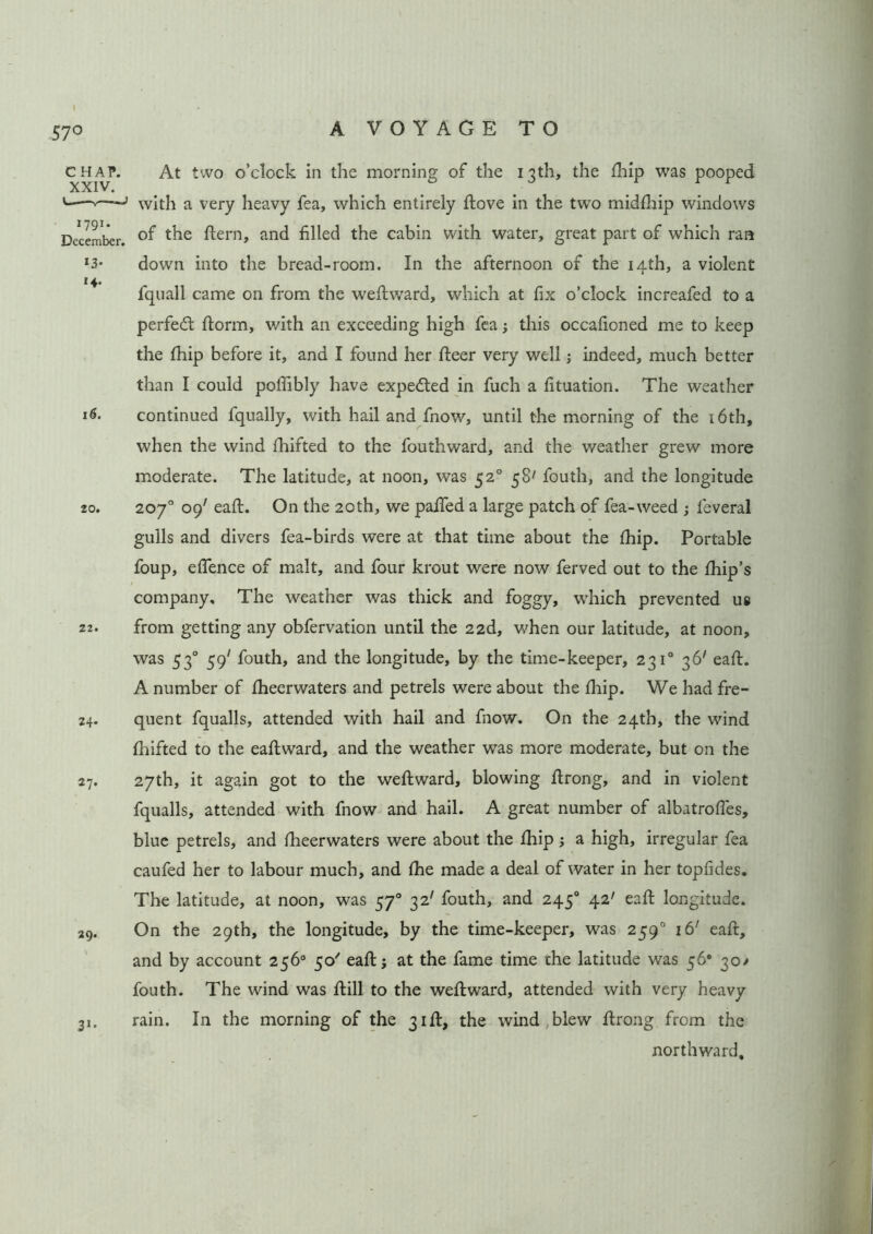 57° CHAP. XXIV. 1791* December. *3* *4- 16. 20. 22. 24- 2?. 29. 31, At two o’clock in the morning of the 13th, the fhip was pooped with a very heavy fea, which entirely ftove in the two midfhip windows of the ftern, and filled the cabin with water, great part of which ran down into the bread-room. In the afternoon of the 14th, a violent fquall came on from the westward, which at fix o’clock increafed to a perfect ftorm, with an exceeding high fea; this occafioned me to keep the fhip before it, and I found her fteer very well; indeed, much better than I could poflibly have expected in fuch a fituation. The weather continued fqually, with hail and fnow, until the morning of the 16th, when the wind fhifted to the fouthward, and the weather grew more moderate. The latitude, at noon, was 520 58' fouth, and the longitude 2070 09' eaft. On the 20th, we palled a large patch of fea-weed ; leveral gulls and divers fea-birds were at that time about the fhip. Portable foup, effence of malt, and four krout were now ferved out to the fhip’s company. The weather was thick and foggy, which prevented ue from getting any obfervation until the 22d, when our latitude, at noon, was 530 59' fouth, and the longitude, by the time-keeper, 231° 36' eaft. A number of fheerwaters and petrels were about the fhip. We had fre- quent fqualls, attended with hail and fnow. On the 24th, the wind fhifted to the eaftward, and the weather was more moderate, but on the 27th, it again got to the weftward, blowing ftrong, and in violent fqualls, attended with fnow and hail. A great number of albatroftes, blue petrels, and fheerwaters were about the fhip; a high, irregular fea caufed her to labour much, and fhe made a deal of water in her topfides. The latitude, at noon, was 570 32' fouth, and 2450 42' eaft longitude. On the 29th, the longitude, by the time-keeper, was 2590 16' eaft, and by account 256° 50' eaft; at the fame time the latitude was 56* 30/ fouth. The wind was ftill to the weftward, attended with very heavy rain. In the morning of the 31ft, the wind blew ftrong from the northward.