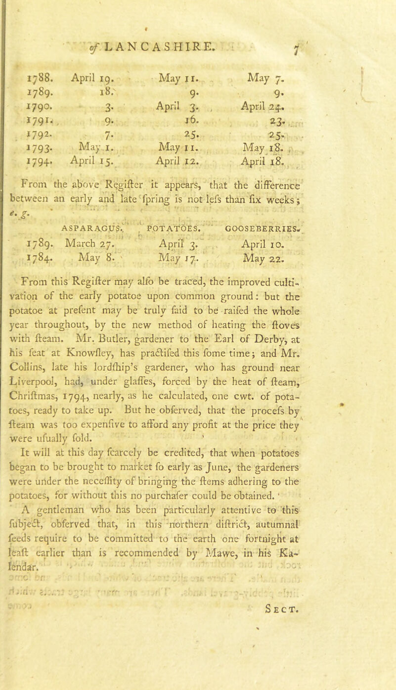 1788. April 19. May II. May 7. 1789. 18. 9- 9- 1790. 3- April 3. , April 24. 9- 16. 23. 1792. 7- 25. 25* • 1793- May I. May 11. May^iS. , 1794. April 15. April 12. April 18. From the above R^gifter it appears, that the difFerence between an eply and late'fpring is not lefs than fix weeks} ASPARA.GtJ5.y ' POTATOES.  GOOSEBERRIES* :i b • ^ - ■ .V 1789. March 27. April' 3., , April 10. 1784. May 8. ' May 17.. ' May 22. From this Regifter may alfo be traced, the improved culti- vation of the early potatoe upon common ground: but the potatoe at prefent may be truly faid to bd raifed the whole year throughout, by the new method of heating the ftoves with fteam. Mr. Butler, gardener to the Earl of Derby, at his feat at Knowlley, has pra£lifed this fome timej and Mr. Collins, late his lordihip’s gardener, who has ground near Liverpool, had, under glaffes, forced by the heat of fteam, Chriftmas, 1794, nearly, as he calculated, one cwt. of pota- toes, ready to take up. But he obferved, that the procefs by fteam was too expenfive to afford any profit at the price they were ufually fold. ’ < It will at this day fcarcely be credited, that when potatoes began to be brought to market fo early as June, the gardeners were under the neceflity of bringing the ftems adhering to the potatoes, for without this no purchafer could be obtained.' A gentleman who has been particularly attentive to this fubjeft, obferved that, in this northern diftrict, autumnal feeds require to be committed to the earth one fortnight at Ifeaft earlier than is recommended by Mawe, in his Ka- lendar, ' - ’J'j '.or - ‘ Sect.