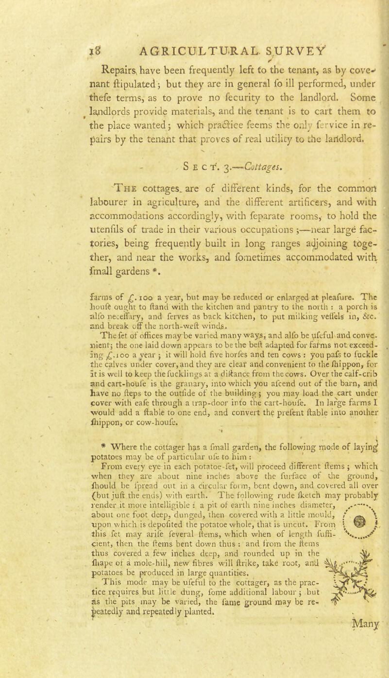 Repairs, have been frequently left to the tenant, as by cove-' nant ftipulated; but they are in general fo ill performed, under thefe terms, as to prove no fecurity to the landlord. Some ^ landlords provide materials, and the tenant is to cart them to the place wanted; which pradlice fecms the only fervice in re- pairs by the tenant that proves of real utility to the larldlord. Sect'. 3.—Cottages. The cottages, are of different kinds, for the common labourer in agriculture, and the different artificers, and with accommodations accordingly, with feparate rooms, to hold the utenfds of ti'ade in their various occupations ;—near large fac- tories, being frequently built in long ranges adjoining toge- ther, and near the works, and fometimes accommodated with fmaJl gardens *. farms of 100 a year, but may be reduced or enlarged at pleafure. The houfe ought to ftaml with the kitchen and pantry to the north : a porch is all'o neceifary, and ferves as back kitchen, to put milking vellels in, &c. and break off the north-weft winds. The fet of offices may be varied many ways, and alfo be ufefuhand conve- nient; the one laid down appears to be the beft adapted for fafms not excecd- 3ng ^-loo a year ; it will hold five horles and ten cows : you pafs to fuckle tlie calves under cover, and they are clear and convenient to the Ihippon, for 3tis well to keep thefucklings at a diftance from the cows. Over the calf-crib and cart-houfe is the granary, into which you afeend out of the barn, and have no fteps to the outlide of the building; you may load the cart under cover with eafe through a trap-door into the cart-houle. In large farms I would add a ftable to one end, and convert thf prefent ftable into another fliippon, or cow-houfe. * * Where the cottager has a fmall garden, the following mode of laying potatoes may be of particular ufc to him : From every eye in each potatoe-l’et, will proceed different ftems ; which when they are about nine inches above the fuidace of the ground, ffiould be I'pread out in a circular form, bent down, and covered all over (but juft the ends) with earth. The following rude Iketch may probably r'ender it more intelligible : a pit of earth nine inches diameter, about one foot deep, dunged, then covered with a little mould, / \ upon which is depofited the potatoe whole, that is uncut. From I this fet may ariie feveral ftems, which when of length fuffi- cient, then the ftems bent down thus : and from the Items thus covered a few inches deep, and rounded up in the fliape of a mole-hill, new fibres will ftrike, takd root, and potatoes be produced in large quantities. This mode may be ufeful to the cottager, as the prac- tice requires but little dung, fome additional labour; but as the pits may be varied, the fame ground may be re- peatedly and repeatedly planted. ’ ' Many