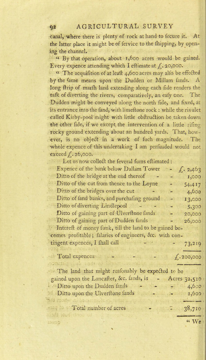 canal, where there is plenty of rock at hand to fecure it. At the latter place it might be of fervice to the fhipping, by open- ing the channel. “ By that operation, about t,6oo acres would be gained. Every expence attending which I eftimate at 20,000. “ The acquifition of at leaft 4,600 acres may alfo be effcfted by the fame nveans upon the Dudden or Millam fands. A long ftrip of marfh land extending along each fide renders the talk of diverting the rivers, comparatively, an eafy one. The Dudden might be conveyed along the north fide, and fixed, at its entrance into the fand, with linieftone rock : while the rivulet called Kirby-pool might with little obftruiStion be taken down the other fide, if we except, the intervention of a little rifing rocky ground extending about an hundred yards. That, how- ever, is no objeif in a work of fuch magnitude. The whole expcnce of this undertaking I am perfuaded would not exceed 26,000. Let us nowcolledl the feveral fums eftimated : Expence of the bank below Dallam Tower ' - 2,463 Ditto of the bridge at the end thereof - - 1,000 Ditto of the cut from thence to the Loyne - 54,417 | Ditto of the bridges over the cut - - 4,600 Ditto of fand banks, and purchafing ground - 13,000 Ditto of diverting Lindlepool _ - _ 5,300 Ditto of gaining part of Ulverftone fands - 20,000 Ditto of gaining part of Dudden fands - 26,000 ' Jnterefl: of money funk, till the land to be gained be- comes profitable; falaries of engineers, &c. with con- tingent expences, I fhall call - ' - 73,219 \ —— Total expences _ _ _ 200,000 j I ' The land that might reafonably be expected to be gained upon the Lancafter, &c. fands, is - Acres 32,510 • Ditto upon the Dudden fands - - « 4,600 ■■ Ditto upon the Ulverftone fands - - 1,600 »♦. ' •• ' - - - - Total number of acres - 38,710