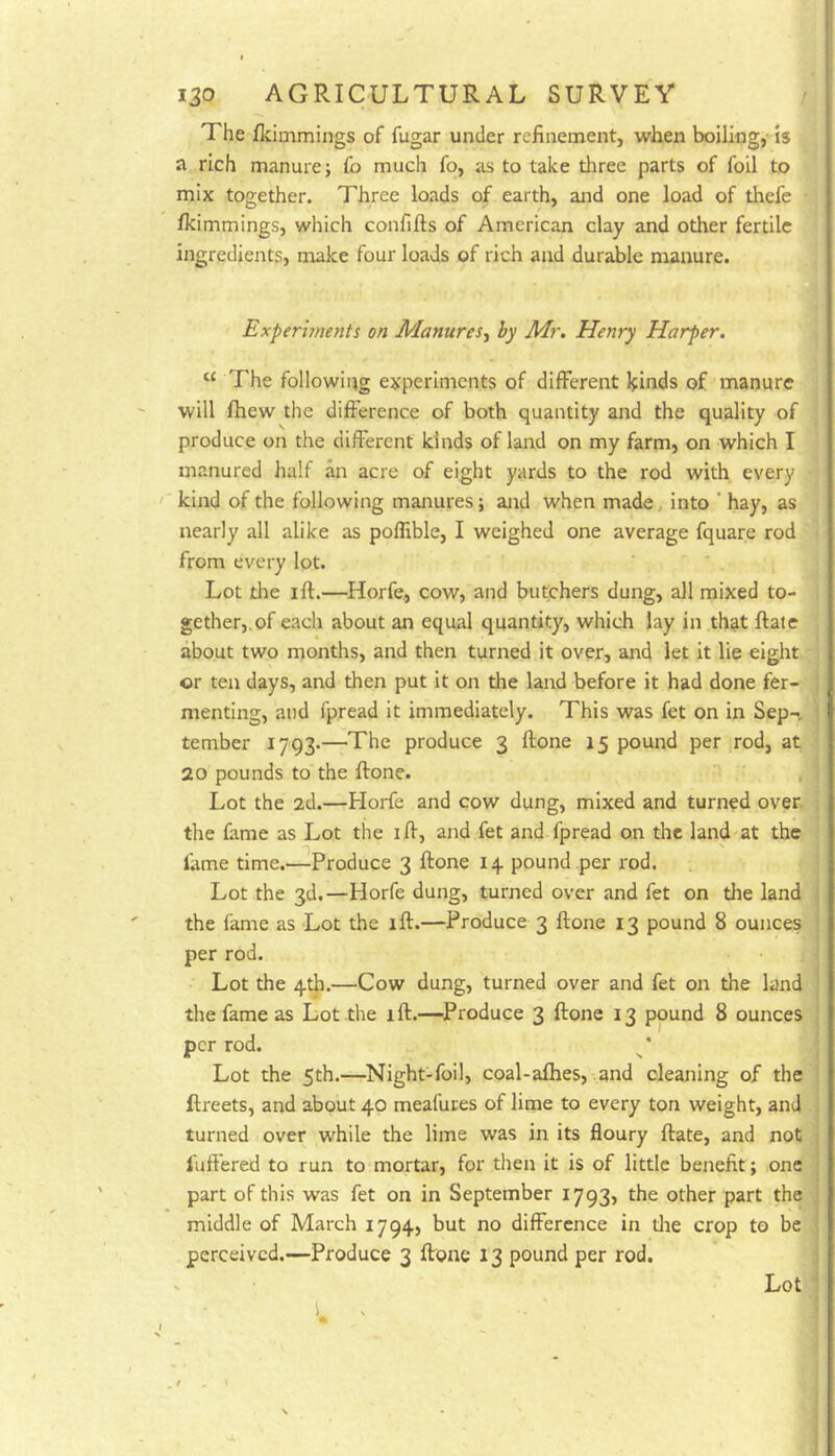 The Ikimmings of fugar under refinement, when boiling,- is a rich manure; fo much fo, as to take three parts of foil to mix together. Three loads of earth, and one load of thefe Ikimmings, which confifts of American clay and other fertile ingredients, make four loads of rich and durable manure. Experiments on Manures,^ by Mr. Henry Harper. “ The following experiments of different Ifinds of manure will fhew the difference of both quantity and the quality of produce on the different kinds of land on my farm, on which I manured half an acre of eight yards to the rod with every kind of the following manures; and when made, into ’ hay, as nearly all alike as polfible, I weighed one average fquare rod from every lot. Lot the ift.—Horfe, cow, and butchers dung, all mixed to- gether,, of each about an equal quantity, which lay in that Rate about two months, and then turned it over, and let it lie eight or ten days, and then put it on the land before it had done fer- menting, and fpread it immediately. This was fet on in Sep- tember 1793.—'The produce 3 ftone 15 pound per rod, at 20 pounds to the Rone. Lot the 2d.—Horfe and cow dung, mixed and turned over the fame as Lot the i R, and fet and fpread on the land at the lame time.—Produce 3 Rone 14. pound per rod. Lot the 3d.—Horfe dung, turned over and fet on the land the fame as Lot the iR.—Produce 3 Rone 13 pound 8 ounces per rod. Lot the 4th.—Cow dung, turned over and fet on the land the fame as Lot the iR.—^Produce 3 Rone 13 pound 8 ounces per rod. Lot the 5th.—^Night-foil, coal-afhes, and cleaning of the Rreets, and about 40 meafutes of lime to every ton weight, and turned over while the lime was in its floury Rate, and not I'uffered to run to mortar, for then it is of little benefit; one part of this was fet on in September 1793, the other part the middle of March 1794, but no difference in tlie crop to be perceived.—Produce 3 Rone 13 pound per rod.
