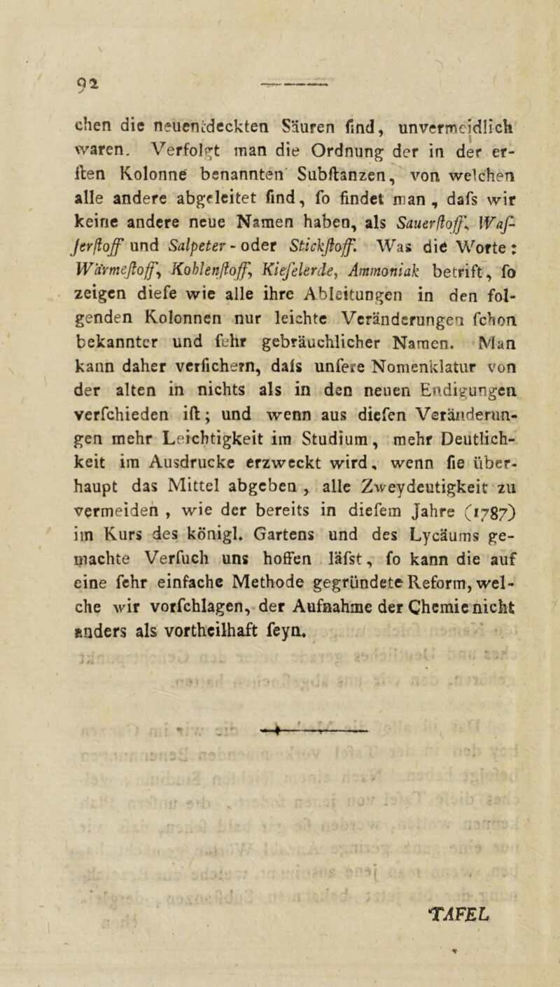 9i eben die neuenideckten Säuren find, unvermeidlich waren. Verfolgt man die Ordnung; der in der er- ilen Kolonne benannten Subftanzen, von welchen alle andere abgeleitet find, fo findet man, dafs wir keine andere neue Namen haben, als Sauerfloff* Wafi j er ft off und Salpeter - oder Stickfloff. Was die Worte: WcCrmeßoff.> Kohlenftoff.\ Kiefelerde, Ammoniak betritt, fo zeigen diefe wie alle ihre Ableitungen in den fol- genden Kolonnen nur leichte Veränderungen fchon bekannter und fehr gebräuchlicher Namen, Man kann daher verfichern, dals unfeie Nomenklatur von der alten in nichts als in den neuen Endieungen verfchieden ift ; und wenn aus diefen Veränderun- gen mehr Leichtigkeit ira Studium, mehr Deutlich- keit ira Ausdrucke erzweckt wird, wenn fie über- haupt das Mittel abgeben , alle Zweydeutigkeit zu vermeiden , wie der bereits in diefem Jahre (1787) im Kurs des königl. Gartens und des Lycäums ge- machte Verfuch uns hoffen läfst, fo kann die auf eine fehr einfache Methode gegründete Reform, wel- che wir vorfchlagen, der Aufnahme der Chemie nicht anders als vortheilhaft feyn. j f * „ ( - ‘ , ? *■ ’ ■. f ' - V * > •> 1■ * •’ ' : ^ J v . 1*1 - v> . TAFEL