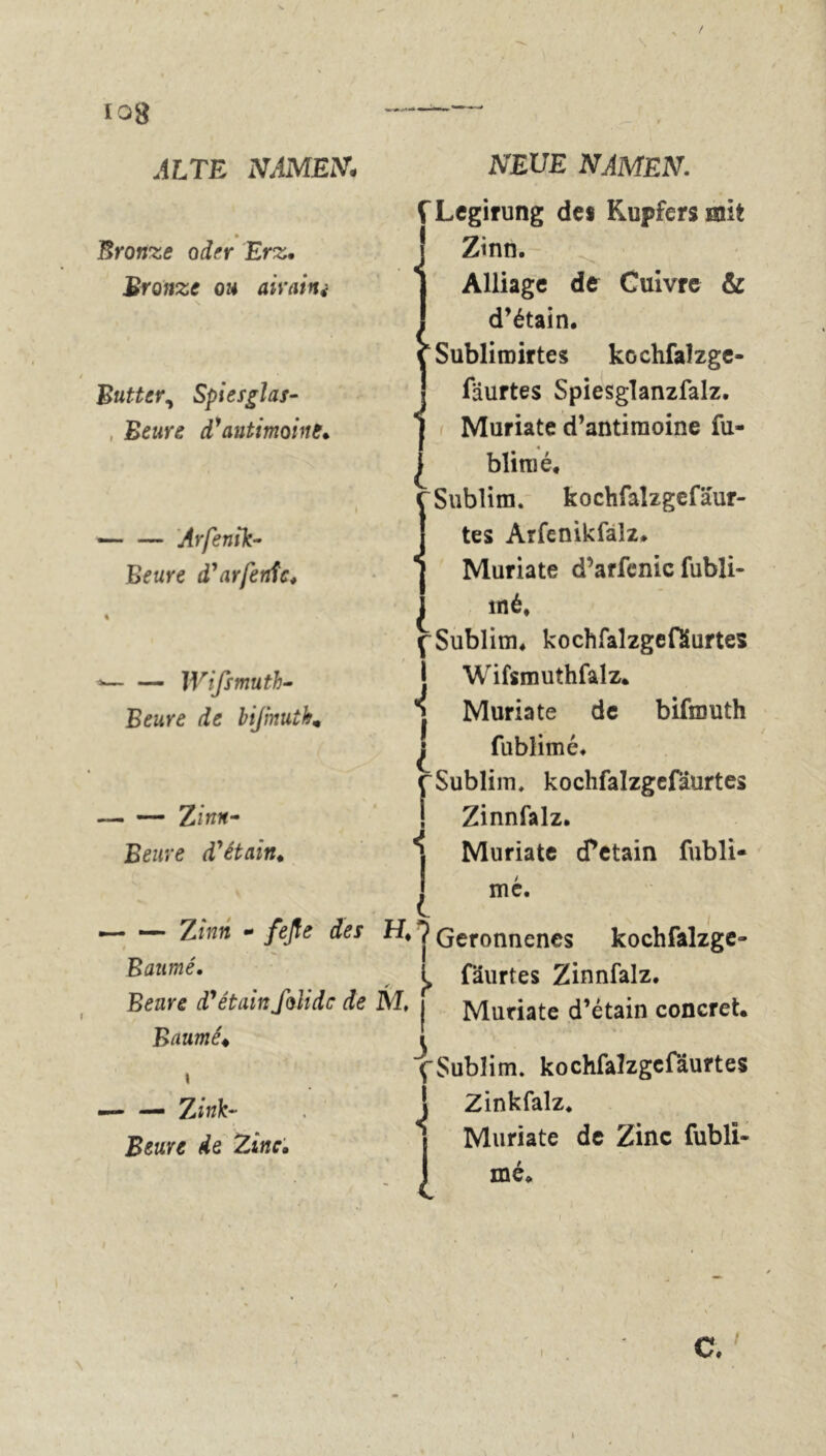 io8 ALTE NAMEN. Bronze oder Erz. Bronze ou airain* Butter, Spiesglas- Beure d'antimoine. — — Arfenïk- Beure d'arfetifc. - — Wifsmuth- Beure de bijinuth* • — z/»#- 2?iz<re d'étain. - — Zz«« - /e/Î£ Batimé. Beure d'étainJolidc de Baumé« i » — Tjitifc- Beuve de Zinc. IV£U£ NAMEN. fLegirung des Rupfers mit * Zinn. Alliage de Cuivre & d’étain. Subliroirtes kGchfalzge- fäurtes Spiesglanzfalz. Muriate d’antiraoine fu- i bîinié, 'Sublim, kochfalzgefäur- tes Arfenikfalz. Muriate d’arfenic fubli- mé. 1 f Sublim, kochfalzgefäurtes j Wifsmuthfalz. Muriate de bifmuth fublimé. c Sublim. kochfalzgefäurtes ! Zinnfalz. Muriate cTetain fubli- | mé. j Geronnenes kochfalzge- t, fäurtes Zinnfalz. ‘ Muriate d’étain concret* ^Sublim, kochfalzgefäurtes I -I I Zinkfalz. Muriate de Zinc fubli- mé. C.