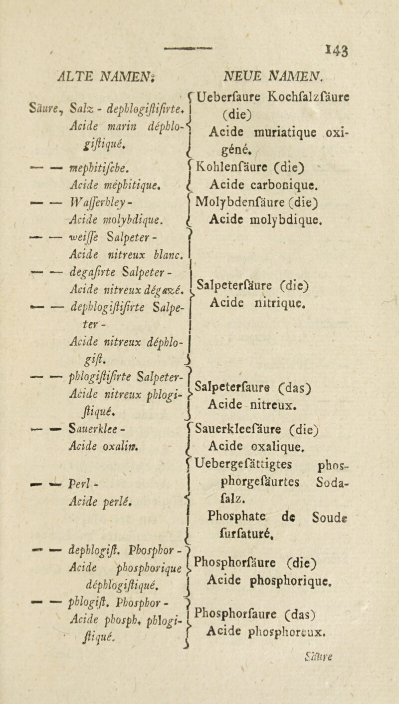 ALTE NAMEN: NEUE NAMEN. • { Ueberfaure Kochfalzfäure Säurey Salz - dephlogiflißrte, I (die) Acide^ marin déphloA Ac;de muriatique giftiqué. mephitifcbe. Acide méphitique. W ajferhley - Acide molybdique. weiße Salpeter - Acide nitreux blanc. oxi- géné. f Kohlenfäure (die) ( Acide carbonique. | Molybdenfäure (die) ( Acide molybdique. j — *— degafirte Salpeter- | Acide nitreux dégazé* . Salpeterföure (die) •— — dephlogiflißrte S alpe- I nitrique. ter - Acide nitreux déphlo- giß- phlogiftßrte Salpeter- f ^ * Acide nitreux phlogi- Salpeterfaurs (das) Jliqué.  ! Ac,de nitreux- —> Sauerklee - Acide Qxalin. . h . \ — — Perl - Acide perlé. J f Sauerkleefäure (die) £ Acide oxalique, f Uebergefättigtes phorgefaurtes falz. phos- Soda- f I l Phosphate de furfaturé. Soude —■ — dephlogifl. Phosphor - ) Acide phosphorique l^hosphorfâure (die) déphlogiftiqué, J Acide phosphorique. — — phlogiß, Phosphor- } Acide pkospb, pbhgi- [PllosPho,fa«,e (das) . ßitj!uL '' f Acide phosphoreux. Shhr e