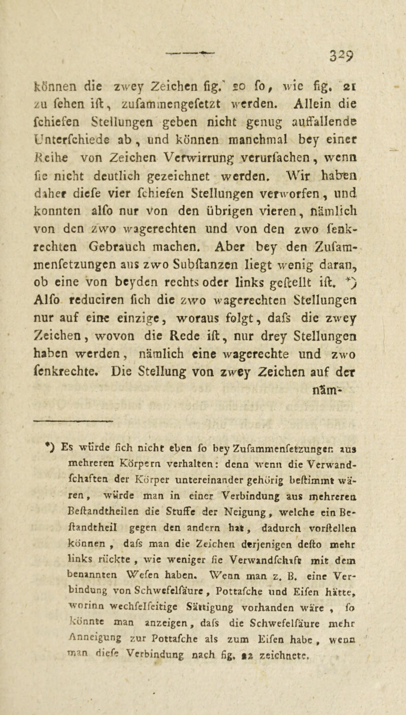32? können die zwey Zeichen fig/ £o fo, wie fig* 21 zu fehen ift, zufammengefetzt werden. Allein die fchiefen Stellungen geben nicht genug auffallende Unterfchiede ab, und können manchmal bey einer Reihe von Zeichen Verwirrung verurfachen, wenn lie nicht deutlich gezeichnet werden. Wir haben dffier dicfe vier fchiefen Stellungen verworfen, und konnten alfo nur von den übrigen vieren, nämlich von den zwo wagerechten und von den zwo fenk- rechten Gebrauch machen. Aber bey den Zufam- inenfetzungcn aus zwo Subftanzen liegt wenig daran, ob eine von beyden rechts oder links geteilt ift. *) Alfo reduciren fich die zwo wagerechten Stellungen nur auf eine einzige, woraus folgt, dafs die zwey Zeichen, wovon die Rede ift, nur drey Stellungen haben werden, nämlich eine wagcrechte und zwo fenkrechte. Die Stellung von zwey Zeichen auf der näm- *) Es wurde fich nicht eben fo bey Zufammenfetzungen jus mehreren Körpern verhalten: denn wenn die Verwand- fchaften der Körper untereinander gehörig beftimmt wa- ren , würde man in einer Verbindung aus mehreren Beftandtheilen die Stuffe der Neigung, welche ein Be- ftandtheil gegen den andern hat, dadurch vorftellen können , dafs man die Zeichen derjenigen defto mehr links rückte , wie weniger fie Verwandfchift mit dem benannten Wcfen haben. Wenn man z. B. eine Ver- bindung von Schwefelfaure, Pottafche und Eifen hatte, worinn wechfelfeitige Sättigung vorhanden wäre , fo könnte man anzeigen, dafs die Schwefelfaure mehr Anneigung zur Pottafche als zum Eifen habe , wenn man diefe Verbindung nach fig, *2 zeichnete.