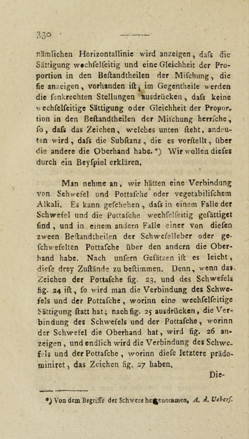 33° ' ■i nämlichen Horizontallinie wird anzeigen, dafs die Sättigung wtchfelfeitig und eine Gleichheit der Pro- portion in den Beftandtheilen der Mifchung, die fie anzeigen, vorhanden iftj im Gegentheile werden die ftmkrechten Stellungen Ausdrücken, dafs keine wcchfelfeitige Sättigung oder Gleichheit der Propor, tion in den Beftandtheilen der Mifchung herriche, fo, dafs das Zeichen, welches unten fleht, andeu- ten wird, dafs die Subftanz, die es vorftellt, über die andere die Oberhand habe. *) Wir wollen diefes durch ein Beyfpiel erklären, % Man nehme an, wir hätten eine Verbindung von Schwefel und Pottafché oder vegetabilifchem Alkali. Es kann gefchehen , dafs in einem Falle der Schwefel und die Pottafche weehfelfeitig gefättiget find , und in einem andern Falle einer von diefen zween Beftandtheilen der Schwcfelleber oder ge- schwefelten Pottafche über den andern die Ober- hand habe. Nach unfern Gelätzen ilft es leicht, diefe drey Zuftände zu beftimmen. Denn, wenn da»v Zeichen der Pottafche fig, 23. und des Schwefels Hg. 24 ift, fo wird man die Verbindung des Schwe- fels und der Pottafche, worinn eine wechfelfeitige Sättigung ftatthat; nachfig. 25 ausdrücken, die Ver- bindung des Schwefels und der Pottafche, worinn der Schwefel die Oberhand hat, wird fig. 26 an- zeigen, und endlich wird die Verbindung des Schwe- fels und der Pottafche , worinn diefe letztere prädo- Hiiniret, das Zeichen fig, 27 haben, Die- *) Von dem Begriffe der Schwere he^etiommen, A, d, Ueberfi