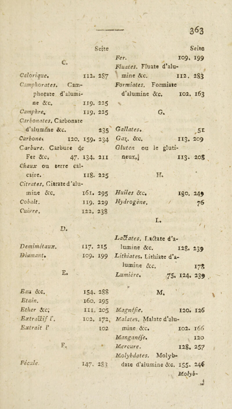 t 3^3 X Sette Seite Fer. 109. 199 Eluates. Fluate d’alu- ► 287 mine &c. 112. 283 c. Calorique• 1 Cumphorates, Cam- Formiates, Fonniate phorate d’alumi- d’alumine &c. 102, 163 ne &c. 119. 225 \ Camphre, 119, 225 G* Carbonates, Carbonate -- d’alumine &c. 235 Gallates• 51 Carbonet 120. 159. 234 &c. 113, 209 Carbure. Carbure de Gluten ou le giuti- Fcr &c, 47. 134. 211 ncux,^ 113. 20S Chaux ou terre cal- caire. Hg. 225 H* Citrates, Citrate d ’alu- mine &c. 161. 295 Huiles &c, igo. 249 Cobalt. 119. 229 Hydrogène, / 76 Cuivre, 122, 238 L. D* Demimétaux, Diamant• E. Lactates. r.a&ate d’a- 117. 215 lumine &c. 12g, 239 109. 199 Lithiates» Lithiate d’a- lumine &c. 17S Lumière. 75, 124. 239 .Eau &c. Etain. Ef/ier &c; Extractif /’. Extrait V F. Fécule. 154. 2gg M, * „ 160. 295 IH. 205 Magnifie, 120. 126 102, 172* Malates. Malate d’alu- 102 mine &c. 102. 166 Manganéfe• 120 Mercure. 128. 257 Miolybdates. Molyb- I47* 283 date d’alumine &c. 155* 246 Molyb- J