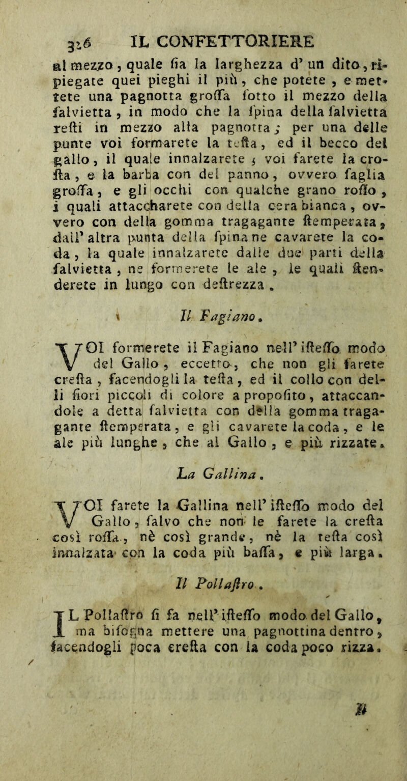 al mezzo 5 quale fia la larghezza d’un dito^ri- piegate quei pieghi il piii, che potete , e met- tete una pagnotta grofifa lotto il mezzo della falvietta , in modo che la l'pìna delia i'alvietta retti in mezzo alla pagnotta; per una delle punte voi formarete la tetta, ed il becco del gallo, il quale innalzarete ^ voi farete la cro- lla , e la barba con dei panno, ovvero faglia groffa , e gli occhi con qualche grano rotto, i quali attaccharete con delia cera bianca , ov- vero con della gomma tragagante ftemperaìa, dall’altra punta della fpinane cavarete la co- da , la quale innalzarete dalie due parti della falvietta , ne formerete le ale , le quali tten- derete in lungo eoa deftrezza . i II Fagiano» VOI formerete il Fagiano nelTiftetto modo del Gallo , eccetto, che non gli farete eretta, facendogli la tetta, ed il collo con del- ii fiori piccoli di colore apropofito, attaccan- dole a detta falvietta con d^lla gomma traga- gante ttempsrata, e gli cavarete la coda, e le ale più lunghe, che al Gallo, e più rizzate* La Gallina. VOI farete la Gallina nell’iftettb modo dei Gallo, falvo che non le farete la eretta così rotta 5 nè così grande, nè la retta così innalzata* con la coda più batta, e più larga. Il Pollaflro » IL PoHattro fi fa neU’ i.ttettb modo del Gallo, ma bifogna mettere una pagnottina dentro, lacendogli poca eretta con la coda poco ristza. »