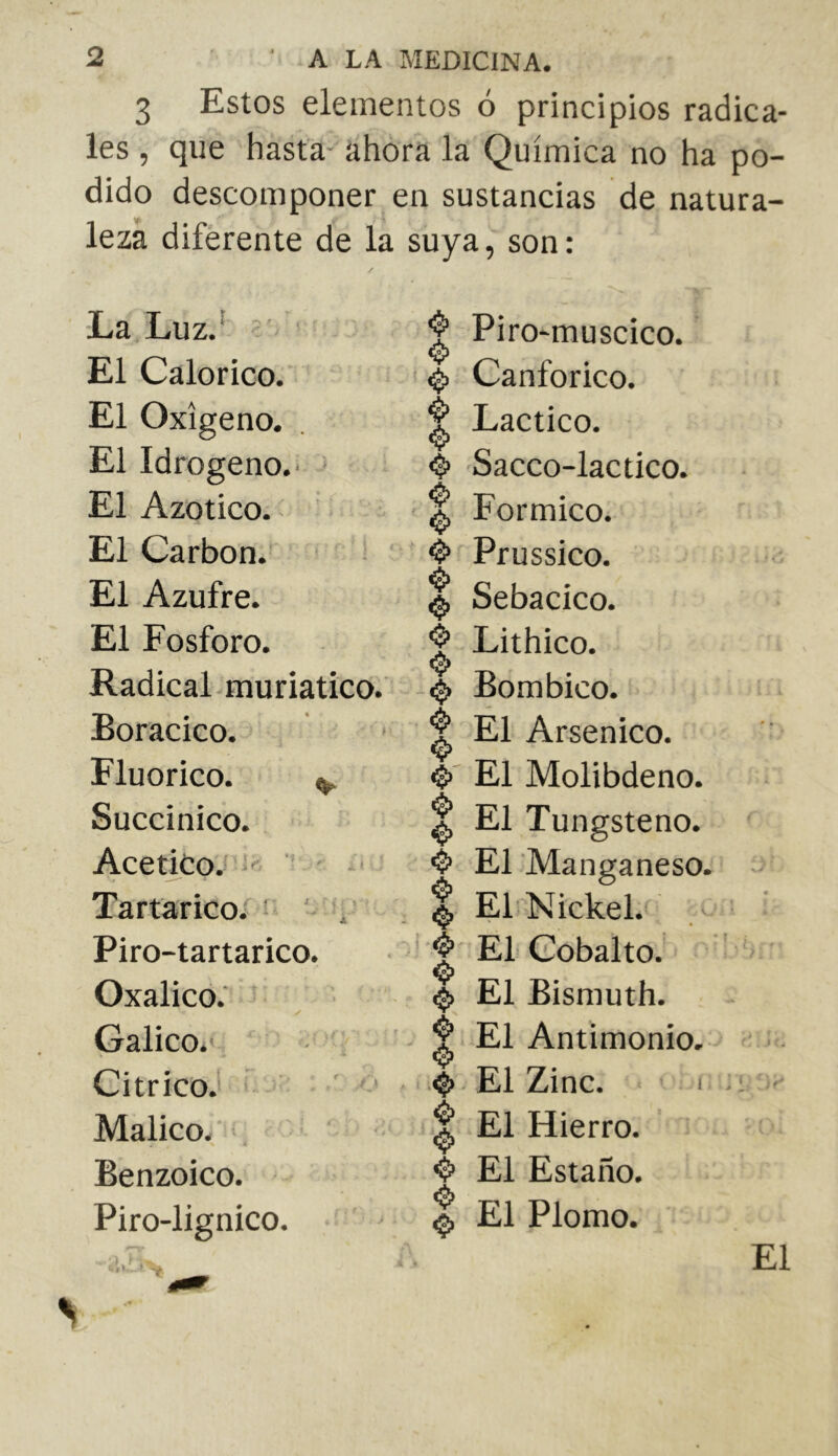 3 Estos elementos ó principios radica- les , que hasta ahora la Química no ha po- dido descomponer en sustancias de natura- leza diferente de la suyason : La Luz.' El Calórico. El Oxígeno. El Idrogeno.' * El Azotico. El Carbon. * El Azufre. El Fosforo. Radical muriatico. Boracico. Fluorico. V Succinico. Acético. Tartárico/ ' ' . Piro-tartarico. Oxálico.' Gálico.' CitricoJ ■' ' Malico. Benzoico. Piro-lignico. $ Piro-muscico. Canforico. f Láctico. Sacco-lactico. ^ Fórmico. 4> Pfussico. 0 Sebacico. $ Lithico. Y Tí 0 Bombico. ^ Él Arsénico. El Molibdeno. ^ El Tungsteno. 4* El Manganeso. 0 El Nickel. El Cobalto. 0 El Bismuth. $ El Antimonio. . 0. El Zinc. I 1 El Hierro. 4> El Estaño. ^ El Plomo. •O El