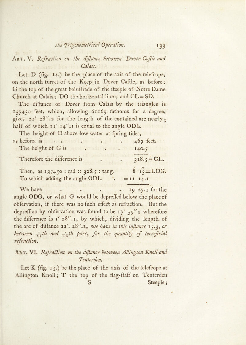 Art, V. RefraSiion on the Jfiance between Dover Cajlk and Calais. Let D (fig. 14.) be the place of the axis of the telefcope, on the north turret of the Keep in Dover Caftle, as before; G the top of the great balufirade of the fteeple of Notre Dame Church at Calais ; DO the horizontal line ; and CL — SD. The diftance of Dover from Calais by the triangles is 13745o feet, which, allowing 61169 fathoms for a degree, gives 22/ 28.2 for the length of the contained arc nearly * half of which xx 140i is equal to the angle ODL. The height of D above low water at fpring tides, as before, i-s > .. . „ .469 feet. The height of G is * « 140.5 Therefore the difference is * . 328.5 = GL. lit Then, as 137450 : rad :: 328.5 : tang. 8 13 —LDCL To which adding the angle ODL . = x r 14.1 We have . 19 27.1 for the angle ODG, or what G would be depreffed below the place of obfervation, if there was no fuch effect as refraction. But the depreflion by obfervation was found to be X77 5wherefore the difference is i/ 28Lx, by which, dividing the length of the arc of diftance 22T 28L2, we have in this irfiance 15.3, or between fth and J^th part, for the quantity of terrefrial refraction. Art. VI. Refraction on the diftance between Aldington Knoll and Tenter den. Let K (fig. 15.) be the place of the axis of the telefcope at AUington Knoll; T the top of the flag-ftaff on Tenterden S Steeple;