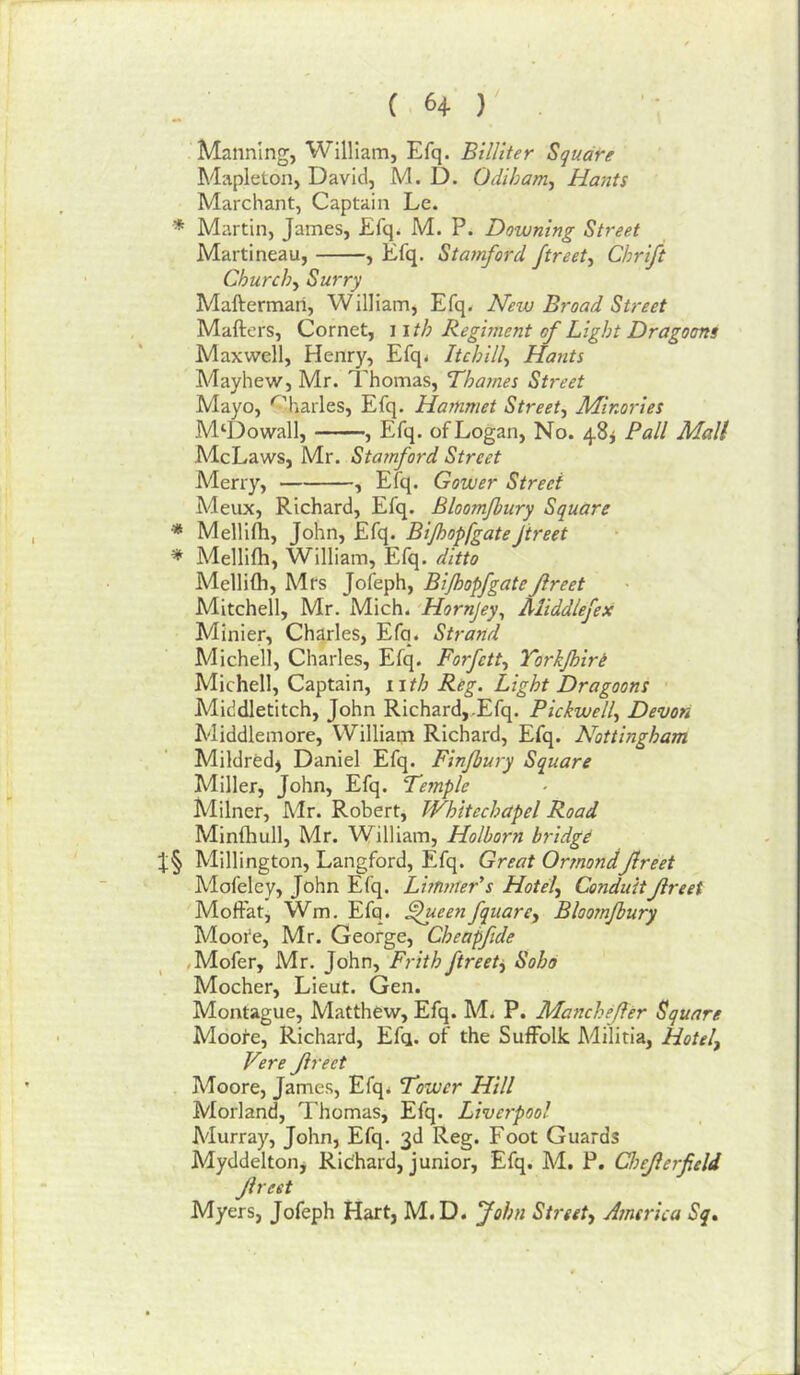 Manning, William, Efq. BilUter Square Mapleton, David, M. D. Odiham.y Hants Marchant, Captain Le. * Martin, James, Efq. M. P. Downing Street Martineau, , Efq. Stamford ftreet^ Chrift Church.^ Surry Mafterman, William, Efq. New Broad Street Mafters, Cornet, 11 th Regiment of Light Dragoons Maxwell, Henry, Efq< Itchill.^ Hants Mayhew, Mr. Thomas, Thames Street Mayo, 'Charles, Efq. Harfimet Street, Minories M‘Dowall, , Efq. of Logan, No. 48 j Pall Mall McLaws, Mr. Stamford Street Merry, , Efq. Gower Street Adeux, Richard, Efq. Bloomjbury Square ■* Melllfti, John, Efq. Bijhopfgate ftreet * Melllfh, William, Efq. ditto Mellilh, Mts Jofeph, BijhopfgateJlreet Mitchell, Mr. Mich. Hornjey, Middlefex Minier, Charles, Efq. Strand Michell, Charles, Efq. Forfett, Yorkjhiri Michell, Captain, nth Reg. Light Dragoons • Middletitch, John Richard,.Efq. Pickwell, Devon Middlemore, Williaqi Richard, Efq. Nottingham Mildredj Daniel Efq. Finfbury Square Miller, John, Efq. Temple Alilner, Air. Robert, Whitechapel Road Minfhull, Mr. William, Holhorn bridge Millington, Langford, Efq. Great Ormond Jlreet Alofeley, John Efq. LhnmePs Hotel, Conduit Jlreet Moffat, Wm. Efq. ^eenfquare, Bloomjbury Moore, Mr. George, Cheapftde .Mofer, Mr. John, Fi'ith ftreet^ Soho Mocher, Lieut. Gen. Montague, Matthew, Efq. M. P. Manche/fer Square Moore, Richard, Efq. of the Suffolk Alilitia, Hotel, Vere Jlreet Moore, James, Efq* Tower Hill Morland, Thomas, Efq. Liverpool Murray, John, Efq. 3d Reg. Foot Guards Myddeltoiij Ridhard, junior, Efq. Al. P. Qnjlerfield Jlreet Myers, Jofeph Hart, M. D. John Street, America Sq»