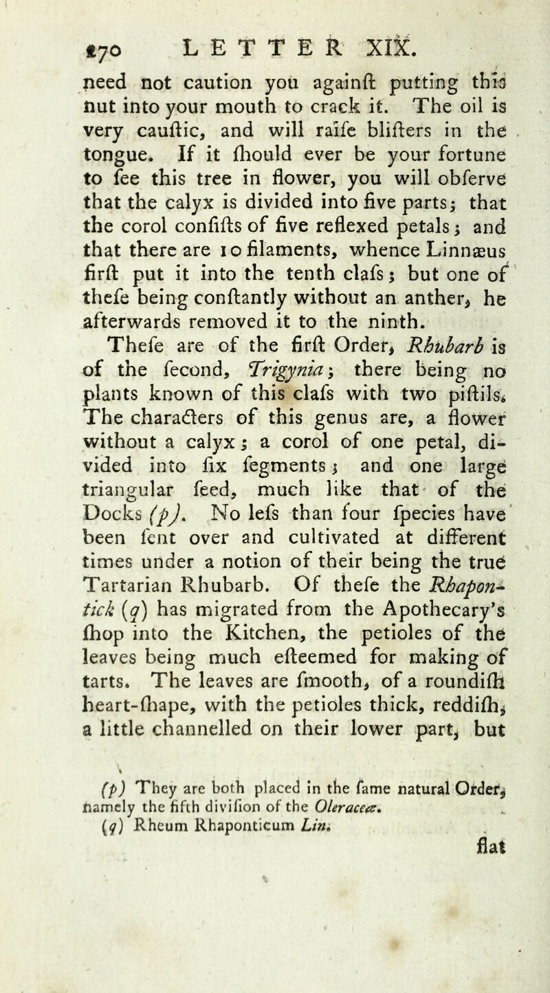 need not caution you againft putting this nut into your mouth to crack it. The oil is very cauftic, and will raife blifters in the tongue. If it fhould ever be your fortune to fee this tree in flower, you will obferve that the calyx is divided into five parts3 that the corol confifts of five reflexed petals 3 and that there are io filaments, whence Linnaeus firft put it into the tenth clafs; but one of thefe being conftantly without an anther* he afterwards removed it to the ninth. Thefe are of the firft Order* Rhubarb is of the fecond, Trigynia3 there being no plants known of this clafs with two piftils* The characters of this genus are, a flower without a calyx; a corol of one petal, di- vided into fix fegments 3 and one large triangular feed, much like that of the Docks (pj. No lefs than four fpecies have been fent over and cultivated at different times under a notion of their being the true Tartarian Rhubarb. Of thefe the Rhapon- tick (q) has migrated from the Apothecary's fhop into the Kitchen, the petioles of the leaves being much efteemed for making of tarts. The leaves are fmooth, of a roundifti heart-fhape, with the petioles thick, reddifh* a little channelled on their lower part* but (p) They are both placed in the fame natural Qrdefy tiamely the fifth divifion of the Olerace#. (^) Rheum Rhaponticum Lin„ flat