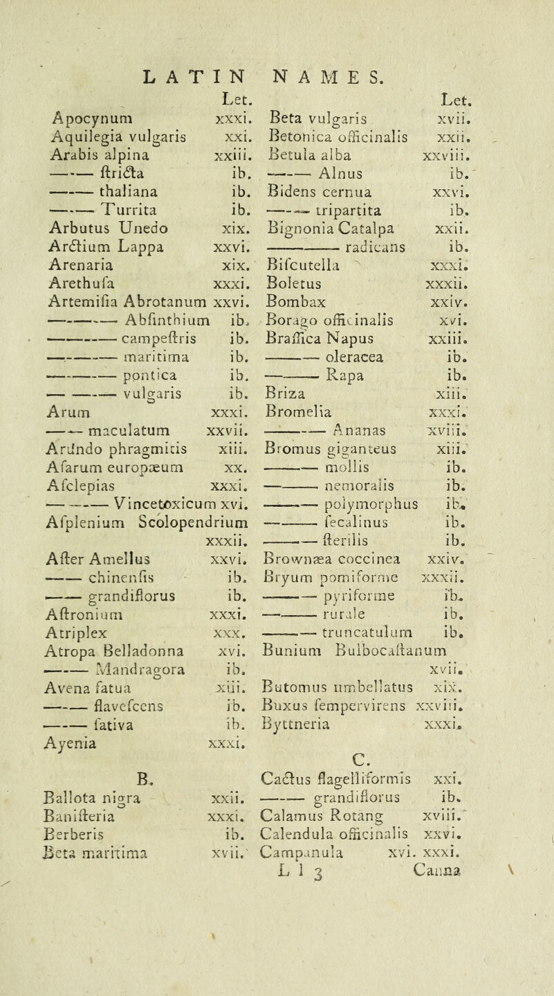 LATIN NAMES. Let. Let. Apocynum xxxi. Beta vulgaris xvii. Aquilegia vulgaris xxi. Betonica officinalis xxii. Arabis alpina xxiii. Betula alba xxviii. ftridta ib. Alnus ib. thaliana ib. Bidens cernua xxvi. Turrita ib. — tripartita ib. Arbutus Unedo xix. Bignonia Catalpa xxii. Ardtium Lappa xxvi. radicans ib. Arenaria xix. Bifcutella xxxi. Arethula xxxi. Boletus xxxii. Artemifia Abrotanum xxvi. Bombax xxiv. xvi. campeftris ib. Braffica Napus xxiii. — — maritima ib. oleracea ib. pontica ib. ——— Rapa ib. vulgaris ib. Briza xiii. Arum xxxi. Bromelia xxxi. —— maculatum xxvii. —- Ananas xviii. Ariindo phragmicis xiii. Bromus giganteus xiii. Afarum europaeum xx. —— mollis ib. Afclepias xxxi. nemoralis ib. . _ i nr'pfAvtr'iim vtn ; HAb/mArhlino ib nil AVil y piiLAvJ Afplenium Scolopendrium fecalinus ib. xxxii. fterilis ib. After A melius xxvi. Brown sea cocci nea xxiv. chinenfis ib. Bryum pomiforme xxxii. grandiftorus ib. ——— pyriforme ib. Aftronium xxxi. ——— rurale ib. Atriplex xxx. ——— truncatulu'm ib. Atropa Belladonna xvi. Bunium Buibocaftanum —-— Mandragora ib. xvii. Avena fatua xiii. Butomus umbellatus xix. flavefcens ib. Buxus fempervirens xxviii. • i'ativa ib. Byttneria xxxi.. Ayenia xxxi. C. B. Cadmus ftageiliformis xxi. Ballota nigra xxii. grandiftorus ib. Banifteria xxxi. Calamus Rotang xviii. Berberis ib. Calendula officinalis xxvi. Beta maritima xvii.' Campanula xvi. xxxi.