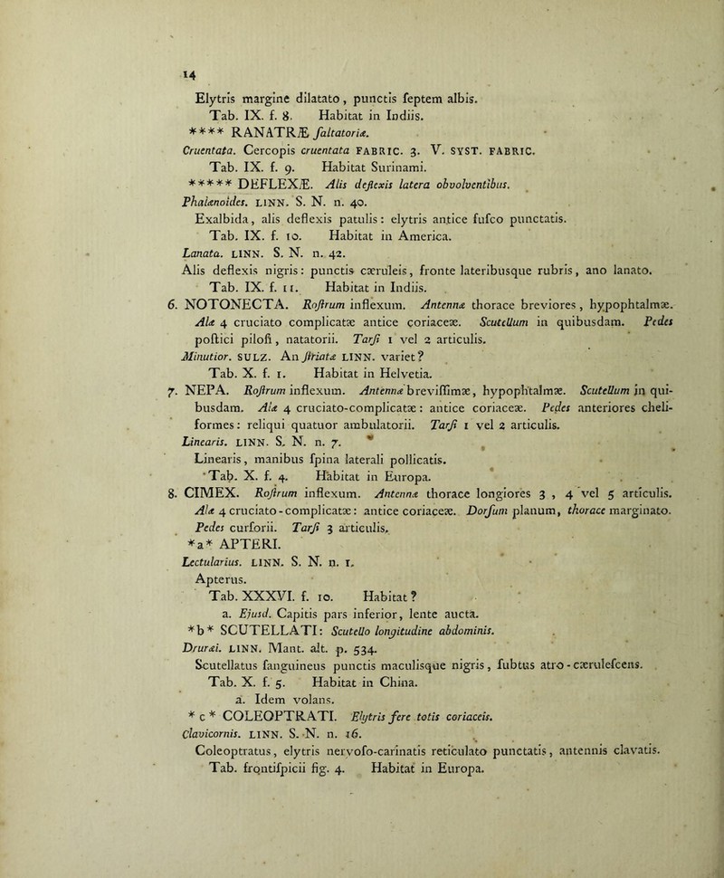 Elytris margine dilatato, punctis feptem albis. Tab. IX. f. 8. Habitat in In diis. **** RANATRiE faltatoria. Cruentata. Cercopis cruentata FABRIC. 3. V. SYST. FABRIC. Tab. IX. f. 9. Habitat Surinami. ***** DEFLEXE. Alis deflexis latera obvolventibus. Phalanoides. linn. S. N. n. 40. Exalbida, alis deflexis patulis: elytris antice fufco punctatis. Tab. IX. f. 10. Habitat in America. Lanata, linn. S. N. n. 42. Alis deflexis nigris: punctis caeruleis, fronte lateribusque rubris, ano lanato. Tab. IX. f. n. Habitat in Indiis. 6. NOTONECTA. Roflrum inflexum. Antenna thorace breviores , hypophtalmae. Ala 4 cruciato complicatae antice coriaceae. ScutcUum in quibusdam. Pedes poftici pilofi, natatorii. Tarfl 1 vel 2 articulis. Minutior. SULZ. Anflriata LINN. variet? Tab. X. f. 1. Habitat in Helvetia. 7. NEPA. Roflrum inflexum. Antenna breviflimae, hypophtalmae. Scutellum in qui- busdam. Ala 4 cruciato-complicatae: antice coriaceae. Pedes anteriores cheli- formes: reliqui quatuor ambulatorii. Tarfl 1 vel 2 articulis. Linearis. LINN. S. N. n. 7. Linearis, manibus fpina laterali pollicatis. 'Tab. X. f. 4. Habitat in Europa. 8. CIMEX. Roflrum inflexum. Antenna thorace longiores 3 , 4 vel 5 articulis. Ala 4 cruciato-complicatae: antice coriaceae. Dorfuni planum, thorace marginato. Pedes curforii. Tarfl 3 articulis, *a* APTERI. Lectularius. LINN, S. N. n. I» Apterus. Tab. XXXVI. f. 10. Habitat? a. Ejusd. Capitis pars inferior, lente aucta. *b* SCUTELLATI: ScuteUo longitudine abdominis. Drurai. LINN. Mant. ait. p. 534. Scutellatus fanguineus punctis maculisque nigris, fubtus atro - caerulefcens. Tab. X. f. 5. Habitat in China. a. Idem volans. * c * COLEOPTRATI. Elytris fere totis coriaceis. Clavicornis. LINN. S. N. n. 16. Coleoptratus, elytris neryofo-carinatis reticulato punctatis, antennis clavatis. Tab. frontifpicii fig. 4. Habitat in Europa.