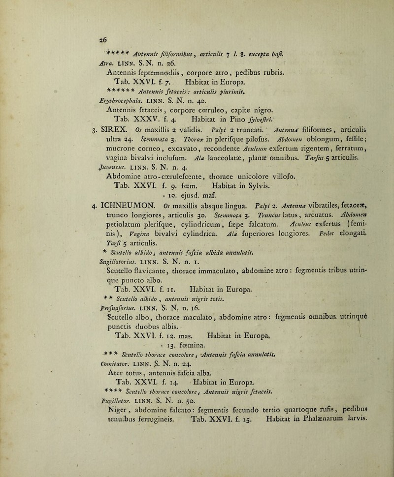 ***** Antennis filiformibus, articulis 7 /. 8- excepta bcifi. Atra. LINN. S. N. n. 26. Antennis feptemnodiis, corpore atro , pedibus rubris. Tab. XXVI. f. 7. Habitat in Europa. ****** Antennis fetaceis: articulis plurimis. Erytkrocephala. LINN. S. N. n. 40. Antennis fetaceis, corpore coeruleo, capite nigro. Tab. XXXV. f. 4. Habitat in Pino fylvejbri. 3. SIREX. Os maxillis 2 validis. Palpi 2 truncati. Antennd filiformes , articulis ultra 24. Stemmata 3. Thorax in plerifque pilofus. Abdomen oblongum , feflile ; mucrone corneo, excavato, recondente Aculeum exfertum rigentem, ferratum, vagina bivalvi inclufum. AU lanceolatte, planse omnibus. Tarfius 5 articulis. Juvencus. LINN. S. N. n. 4. Abdomine atro-coerulefcente, thorace unicolore villofo. Tab. XXVI. f. 9. foem. Habitat in Sylvis. - 10. ejusd. maf. 4. ICHNEUMON. Os maxillis absque lingua. Palpi 2. Antenna vibratiles, fetacete, trunco longiores, articulis 30. Stemmata 3. Truncus latus , arcuatus. Abdomen petiolatum plerifque, cylindricum, faepe falcatum. Aculeus exfertus (femi- nis ), Vagina bivalvi cylindrica. AU fuperiores longiores. Pedes elongati. Tarfi 5 articulis. * Scutello albido; antennis fafcia albida annulatis. Sugillatorius. LINN. S. N. n. I. Scutello flavicante, thorace immaculato, abdomine atro : fegmentis tribus utrin- que puncto albo. Tab. XXVI. f. 11. Habitat in Europa. * * Scutello albido , antennis nigris totis. Perfuaforius. LINN, S. N. n. 16. Scutello albo, thorace maculato, abdomine atro: fegmentis omnibus, utrinquc punctis duobus albis. Tab. XXVI. f. 12. mas. Habitat in Europa, - 13. fcemina. * * * Scutello thorace concolore Antennis fafcia annulatis. Vomitator. LINN. ,S. N. n. 24. Ater totus, antennis fafcia alba. Tab. XXVI. f. 14. Habitat in Europa. * * * * Scutello thorace concolore} Antennis nigris fetaceis. Pugillator. LINN. S, N. n. 50. Niger, abdomine falcato: fegmentis fecundo tertio quartoque rufis, pedibus tcnu.bas ferrugineis. Tab. XXVI. f. 15. Habitat in Phalaenarum larvis.