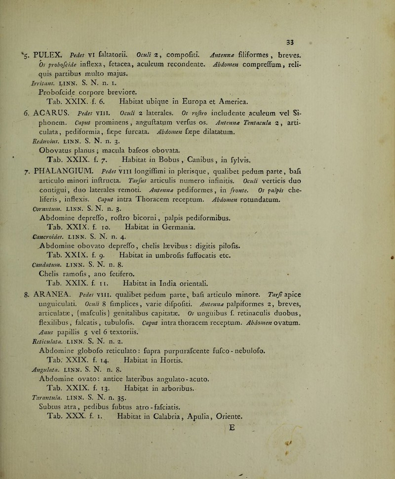 “5« PULEX. Pedes vi faltatorii. Oculi 2, compofiti. Antenna filiformes , breves. Os probofcide inflexa, fetacea, aculeum recondente. Abdomen compreflum, reli- quis partibus multo majus. Irritans. LINN. S. N. n. I. Probofcide corpore breviore. Tab. XXIX. f. 6. Habitat ubique in Europa et America. 6. ACARUS. Pedes vili. Oculi 2 laterales. Os rojlro includente aculeum vel Si- phonem. Caput prominens, anguftatum verfus os. Antenna Tentacula 2, arti- culata, pediformia, Lepe furcata. Abdomen faepe dilatatum. Reduvius. LINN. S. N. n. 3. Obovatus planus; macula bafeos obovata. Tab. XXIX. f. 7. Habitat in Bobus, Canibus, in fylvis. 7. PHALANGIUM. Pedes vili longiflimi in plerisque, qualibet pedum parte, bafi articulo minori inftructa. Tarfus articulis numero infinitis. Oculi verticis duo contigui, duo laterales remoti. Antenna pediformes , in fronte. Os palpis che- liferis , inflexis. Caput intra Thoracem receptum. Abdomen rotundatum. Cornutum. LINN. S. N. n. 3. Abdomine depreffo, roftro bicorni, palpis pediformibus. Tab. XXIX. f. 10. Habitat in Germania. Cancroides. LINN. S.. N. n. 4. Abdomine obovato depreflo, chelis laevibus: digitis pilofis» Tab. XXIX. f. 9. Habitat in umbrofis fuffocatis etc. Caudatum. LINN. S. N. n. 8. Chelis ramofis , ano fetifero. Tab. XXIX. f. 11. Habitat in India orientali. 8. ARANEA. Pedes vili, qualibet pedum parte, bafi articulo minore. Tarjl apice unguiculati. Oculi 8 fimplices, varie difpofiti. Antenna palpiformes 2, breves, articulatae, (mafculis) genitalibus capitatae. Os unguibus f. retinaculis duobus, flexilibus , falcatis , tubulofis. Caput intra thoracem receptum. Abdomen ovatum. Anus papillis 5 vel 6 textoriis. Reticulata. LINN. S. N. n. 2. Abdomine globofo reticulato: fupra purpurafcente fufco - nebulofo» Tab. XXIX. f. 14. Habitat in Hortis. Angulata. LINN. S. N. n. 8. Abdomine ovato: antice lateribus angulato-acuto. Tab. XXIX. f. 13. Habitat in arboribus. Tarantula. LINN. S. N. n. 35. Subtus atra , pedibus fubtus atro - fafciatis. Tab. XXX. f. 1. Habitat in Calabria, Apulia, Oriente. E