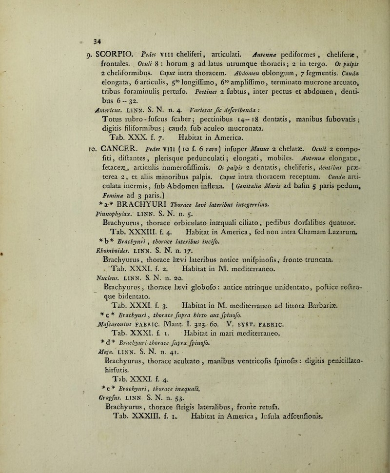 ) 9« SCORPIO. Pedes vili cheliferi, articulati. Antenna pediformes , cheliferse, frontales. Oculi 8: horum 3 ad latus utrumque thoracis; 2 in tergo. Os palpis 2 cheliformibus. Caput intra thoracem. Abdomen oblongum, 7 fegmentis. Cauda elongata, 6 articulis, 5t0 longiflimo, 6t0 ampliflimo, terminato mucrone arcuato, tribus foraminulis pertufo. Pectines 2 fubtus» inter pectus et abdomen, denti- bus 6-32. Americus. LINN. S. N. n. 4. Varietas Jtc describenda : Totus rubro-fufcus fcaber; pectinibus 14-18 dentatis, manibus fubovatis ; digitis filiformibus ; cauda fub aculeo mucronata. Tab. XXX. f. 7. Habitat in America. IO. CANCER. Pedes VIII ( io f. 6 raro) infuper Manus 2 chelatae. Oculi 2 compo- fiti, diftantes , plerisque pedunculati; elongati, mobiles. Antenna elongatae, fetaceae., articulis numerofiflimis. Os palpis 2 dentatis, cheliferis, dentibus prae- terea 2, et aliis minoribus palpis. Caput intra thoracem receptum. Cauda arti- culata inermis, fub Abdomen inflexa. ( Genitalia Maris ad bafln 5 paris pedum. Femina ad 3 paris.) * a * BRACHYURI Thorace lavi lateribus integerrimo. Pinnophylax. LINN. S. N. n. 5. Brachyurus, thorace orbiculato inaequali ciliato, pedibus dorfalibus quatuor. Tab. XXXIII. f. 4. Habitat in America, fed non intra Chamam Lazarum. * b* Bracbyuri , thorace lateribus incifo. Rhomboides. LINN. S. N. n. 17. Brachyurus, thorace laevi lateribus antice unifpinofis, fronte truncata. Tab. XXXI. f. 2. Habitat in M. mediterraneo. Kucleus. LINN. S. N. 11. 20. Brachyurus, thorace laevi globofo: antice ntrinque unidentato, poftice roftro- que bidentato. Tab. XXXI. f. 3. Habitat in M. mediterraneo ad littora Barbariae. * C * Bracbyuri , thorace fupra hirto aut fpinofo. Mafcaronius FABK1C. Mailt. I. 323. 60. V. SYST. FABRIC. Tab. XXXI. f. 1. Habitat in mari mediterraneo. * d * Bracbyuri thorace fupra fpinofo. 7Aaja. LINN. S. N. n. 41. Brachyurus, thorace aculeato , manibus ventricofis fpinofis: digitis penicillato- hirfutis. Tab. XXXI. f. 4. * e * Brachyuri, thorace inaquali. Grapfus. LINN S. N. n. 53. Brachyurus, thorace ftrigis lateralibus, fronte retufa. Tab. XXXIII. f. 1. Habitat in America, Infula adfcenfionis.