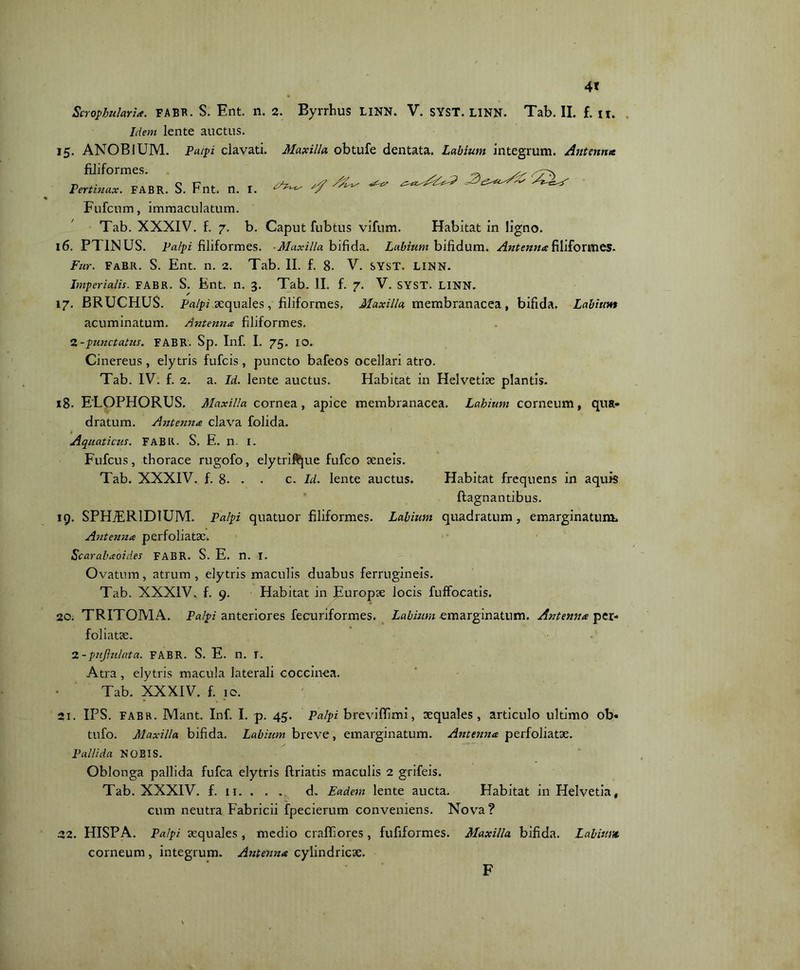 4t Scropbularia. FABR. S. Ent. n. 2. Byrrhus LiNN. V. SYST. LINN. Tab. II. £. it. Idem lente auctus. 15. ANOBiUM. Palpi clavati. Maxilla obtufe dentata. Labium integrum. Antenna filiformes. Pertinax. FABR. S. Fnt. n. I. ^ a/ ^ Fufcum, immaculatum. Tab. XXXIV. f. 7. b. Caput fubtus vifum. Habitat in ligno. 16. PT1NUS. palpi filiformes. Maxilla bifida. Labium bifidum. Antenna filiformes. Fur. fabr. S. Ent. n. 2. Tab. II. f. 8- V. syst. linn. Imperialis. FABR. S. Ent. n. 3. Tab. II. f. 7. V. SYST. LINN. ✓ 17. BRUCHUS, palpi aequales, filiformes, Maxilla membranacea, bifida. Labium acuminatum. Antenna filiformes. 2 -punctatus. FABR. Sp. Inf. I. 75. IO. Cinereus, elytris fufcis, puncto bafeos ocellari atro. Tab. IV. f. 2. a. Id. lente auctus. Habitat in Helvetiae plantis. 18. ELOPHORUS. Maxilla cornea, apice membranacea. Labium corneum, qua- dratum. Antenna clava folida. Aquaticus. FABR. S. E. n. I. Fufcus, thorace rugofo, elytrift}ue fufco aeneis. Tab. XXXIV. f. 8. . . c. Id. lente auctus. Habitat frequens in aquis flagnantibus. 19. SPH/ER1D1UM. Palpi quatuor filiformes. Labium quadratum, emarginatum. Aistenna perfoliatae. Scarabaoides FABR. S. E. n. I. Ovatum, atrum , elytris maculis duabus ferrugineis. Tab. XXXIV. f. 9. Habitat in Europae locis fuffocatis. 20. TRITOMA. Palpi anteriores fecuriformes. Labium emarginatum. Antenna per- foliatae. 2-pnJhclata. FABR. S. E. n. I. Atra, elytris macula laterali coccin-ea. Tab. XXXIV. f. 10. 21. IPS. fabr. Mant. Inf. I. p. 45. Palpi breviffimi, aequales, articulo ultimo ob- tufo. Maxilla bifida. Labium breve, emarginatum. Antenna perfoliatae. Pallida NOBIS. Oblonga pallida fufca elytris flriatis maculis 2 grifeis. Tab. XXXIV. f. 11. . . . d. Eadem lente aucta. Habitat in Helvetia, cum neutra Fabricii fpecierum conveniens. Nova? 22. HISPA. Palpi aequales , medio crafliores, fufiformes. Maxilla bifida. Labium. corneum, integrum. Antenna cylindricae. F