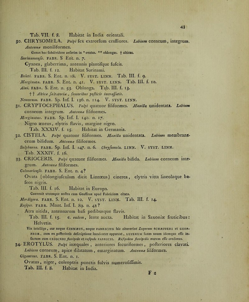 Tab. VII. f. 8. Habitat in India orientali. 30. CHRYSOMELA, palpi fex extrorfum craffiores. Labium corneum, integrum. Antenna moniliformes. Genus hoc fubdividere anferim in * ovatas. ** oblongas, f alticas. Surinamenjls. FABR. S Ent. n. 7. Cyanea, glaberrima, antennis plantifque fufcis. Tab. III. f. 12. Habitat Surinami. Boleti. FABR. S. Ent. n. 18. V. SYST. LINN. Tab. III. f. 9. Marginata. FABR. S. Ent. n. 41. V. SYST. LINN. Tab. III. f. IO. Alni. fabr. S. Ent. 11. 53. Oblonga. Tab. III. f. 13. t f Altica faltatoria , femoribus pojlicis incraffatis. Nemorum. FABR. Sp. Inf. I. 136. n. 114. V. SYST. LINN. 31. CRYPTOCEPHALUS. Palpi quatuor filiformes. Maxilla unidentata. Labium corneum integrum. Antenna filiformes. Marginatus. FABR. Sp. Inf. I. 140. n. 17. Nigro aeneus, elytris flavis, margine nigro. Tab. XXXIV. f. 15. Habitat in Germania. 32. CISTELA. Palpi quatuor filiformes. Maxilla unidentata. Labium membrana» ceum bifidum. Antenna filiformes. Sulphurea. FABR. Sp. Inf. I. 147. n. 6. Chryfomela. LINN. V. SYST. LINN. Tab. XXXIV. f. 16. 33. CRIOCERIS. Palpi quatuor filiformes. Maxilla bifida. Labium corneum inte- grum. Antenna filiformes. Calmarienjls. FABR. S. Ent. n. 4? Ovata (oblongiufculam dicit Linnseus) cinerea, elytris vitta lineolaque ba- feos nigris. Tab. III. f. 16. Habitat in Europa. Convenit utcunque noltra cum Geoffroae apud Fabricium citato. Merdigera. FABR. S. Ent. n. IO. V. SYST. LINN. Tab. III. f. 14. Rujipes. FABR. Mant. Inf. I. 89. n. 43? Atra nitida, antennarum bafi pedibusque flavis. Tab. III. f. 15. e. eadem, lente aucta. Habitat in Saxonise fruticibus: Helvetia. Vix intelligo, cur neque linn.?£US, neque Fabricius hic citaverint Luperum schjefferi et geof- FROAJ, cum ex pofterioris defcriptione luculenter appareat, luperum tuum unum idemque effe in- fectum cum crioceri jlavipeie etrufpede Fabricii. Rufipedem flavipedis marem effe credimus. 34. EROTYLUS. Palpi insequales , anteriores fecuriformes , pofteriores clavati. Labium corneum, apice dilatatum , emarginatum. Antenna filiformes. Giganteus. FABR. S. Ent. n. 1. Ovatus, niger, coleoptris punctis fulvis numerofiffimis. Tab. III. f. 8. Habitat in India. F z