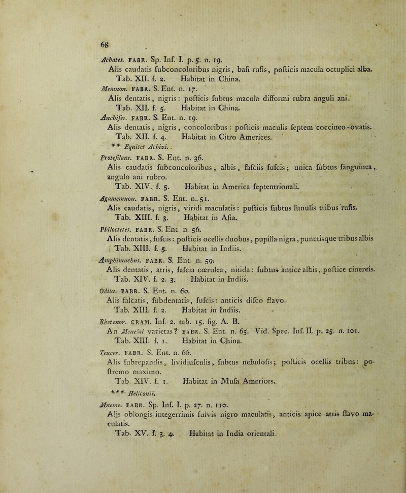 Achates. FABR. Sp. Inf. I. p. £. n. 19. Alis caudatis fubconcoloribus nigris, bafx rufis, pollicis macula octuplici alba. Tab. XII. f. 2. Habitat in China. Memnon. FABR. S. Ent. n. 17. Alis dentatis, nigris : pollicis fubtus macula difformi rubra anguli ani.. Tab. XII. f. 5. Habitat in China. Ancbifes. FABR. S. Ent. n. 19. Alis dentatis , nigris , concoloribus : pollicis maculis feptem coccineo -ovatis. Tab. XII. f. 4. Habitat in Citro Americes. ** jEquites Achivi. . Protejilaiis. FAB R. S. Ent. n. 36. Alis caudatis fubconcoloribus, albis , fafciis fufcis ; unica fubtus fanguinea angulo ani rubro. Tab. XIV. f. 5. Habitat in America feptentrionali. Agamemnon.. FABR. S. Ent. n.. 51. Alis caudatis, nigris, viridi maculatis: pollicis fubtus lunulis tribus rufis. Tab. XIII. f. 3. Habitat in Afia., Philoctetes. FABR. S. Ent n. 56. Alis dentatis , fufcis: pollicis ocellis duobus, pupilla nigra, punctisque tribus albis Tab. XIII. £ 5. Habitat in Indiis. Ampbimachus. FABR. S. Ent. n. 59; Alis dentatis, atris, fafcia ccerulea , nitida: fubtus antice albis, poftice cinereis. Tab. XIV. f. 2. j. Habitat in Indiis. Odiits. FABR. S. Ent. n. 60. Alis falcatis, fubdentatis=, fufcis: anticis difco flavo. Tab. XIIL f. 2. Habitat in Indiis. jKbctetsor. CRAM. Inf. 2. tab. 15. fig. A. B. An Menelai varietas? faER. S. Ent. n. 65. Vid. Spec. Inf. II. p. 2$. 11. 101. Tab. XIII. f. 1. Habitat in China. Teucer. FABR. S. Ent. n. 66. Alis fubrepandis, lividiufculis, fubtus nebulofis; pollicis ocelhs tribus: po- flremo maximo. Tab. XIV. f. 1. Habitat in Mufa Americ.es,. * * * Heliconii,. MnemeFABR. Sp. Inf. I. p. 27. n. I ro. Alis oblongis integerrimis fulvis nigro maculatis, anticis apice atris flavo ma- culatis. Tab. XV. f. 3. 4; Habitat in India orientali.