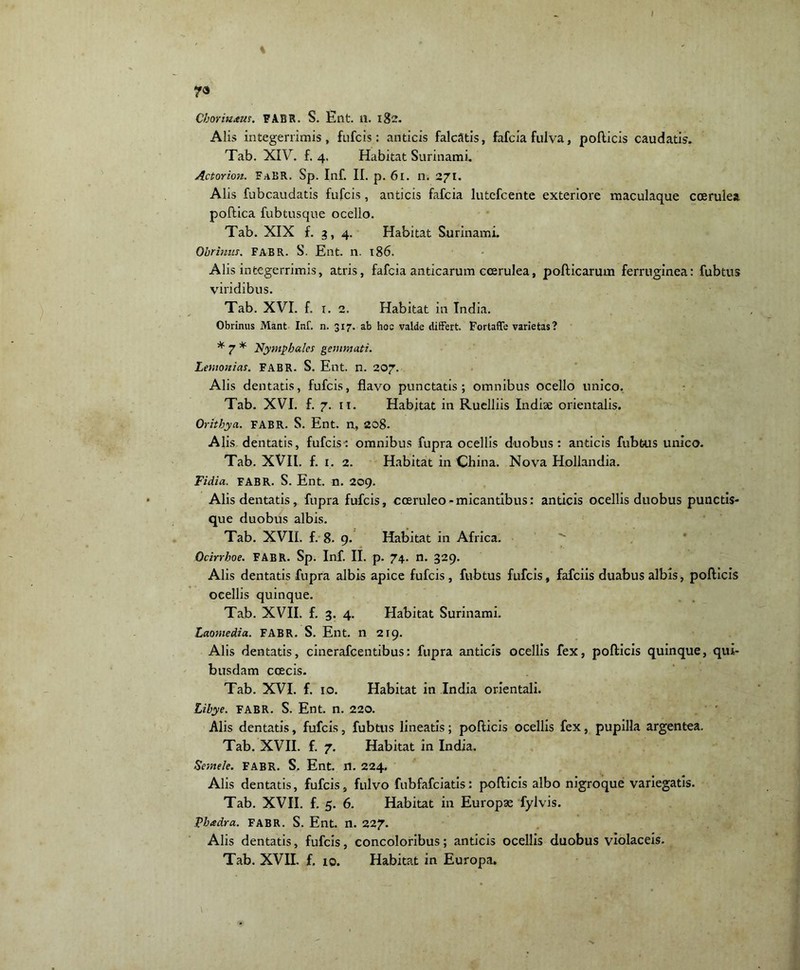 t % ?a Cboriuitus. FABR. S. Ent. il. 18-. Alis integerrimis, fufcis: anticis falcatis, fafcia fulva, podicis caudatis. Tab. XIV. f. 4, Habitat Surinami. Actorion. FaBR. Sp. Inf. II. p. 61. n. 271. Alis fubcaudatis fufcis, anticis fafcia lutefcente exteriore maculaque coerulea podica fubtusque ocello. Tab. XIX f. 3,4. Habitat Surinami. Obrinus. FABR. S. Ent. n. 186. Alis integerrimis, atris, fafcia anticarum coerulea, podicarum ferruginea: fubtus viridibus. Tab. XVI. f. 1. 2. Habitat in India. Obrinus Mant Inf. n. 317. ab hoc valde differt. Fortaffe varietas? * 7 * Nympbalcs gemmati. Lemonias. FABR. S. Ent. n. 207. Alis dentatis, fufcis, flavo punctatis; omnibus ocello unico. Tab. XVI. f. 7. 11. Habitat in Ruelliis Indiae orientalis. Oritbya. FABR. S. Ent. n, 208. Alis dentatis, fufcis: omnibus fupra ocellis duobus: anticis fubfcus unico. Tab. XVII. f. 1. 2. Habitat in China. Nova Hollandia. Fidia. FABR. S. Ent. n. 209. « Alis dentatis, fupra fufcis, coeruleo--micantibus: anticis ocellis duobus punctis- que duobus albis. Tab. XVII. f. 8. 9. Habitat in Africa. Ocirrhoe. FABR. Sp. Inf. II. p. 74. n. 329. Alis dentatis fupra albis apice fufcis, fubtus fufcis, fafciis duabus albis, podicis ocellis quinque. Tab. XVII. f. 3. 4. Habitat Surinami. Laomedia. FABR. S. Ent. n 219. Alis dentatis, cinerafcentibus: fupra anticis ocellis fex, podicis quinque, qui- busdam coecis. Tab. XVI. f. 10. Habitat in India orientali. Libye. FABR. S. Ent. n. 220. Alis dentatis, fufcis, fubtus lineatis; podicis ocellis fex, pupilla argentea. Tab. XVII. f. 7. Habitat in India. Semele. FABR. S. Ent. n. 224. Alis dentatis, fufcis, fulvo fubfafciatis: podicis albo nigroque variegatis. Tab. XVII. f. 5. 6. Habitat in Europae fylvis. Pbadra. FABR. S. Ent. n. 227- Alis dentatis, fufcis, concoloribus; anticis ocellis duobus violaceis.