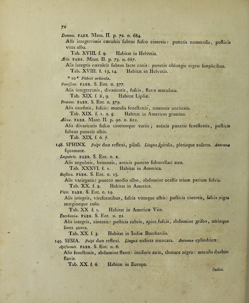 n Damon. FABR Alis integerrimis coeruleis fubtus fufco cinereis: punctis numerofis, pollicis vitta alba. Tab. XVIIL f. 9. Habitat in Helvetia. Atii. FABR. Mant. II. p. 73. n. 687. Alis integris coeruleis fubtus lacte canis : punctis oblongis nigris fimplicibus. Tab. XVIII. f. 13, 14. Tdabitat in Helvetia. * IO* Plebeii urbicola. Panifcus. FABR. S. Ent. n. 377. Alis integerrimis , divaricatis , fufcis , flavo maculatis. Tab. XIX. f. 8,9. Habitat Lipfiae. Proteus. FABR. S. Ent. n. 379. Alis caudatis, fufcis: maculis feneflratis , antennis uncinatis. Tab. XIX. f. 1. 2. S- Habitat in Americes gramine. Alcea. FABR. Mant. II. p. 90. n. 822. Alis divaricatis fufco cinereoque variis ; anticis punctis feneflratis, pollicis fubtus punctis albis. Tab. XIX. f. 6. 7. 148. SPHINX. Palpi duo reflexi, pilofi. Lingua jpiralis, plerisque exferta. Afitennx fquamatae. Lugubris. FABR. S. Ent. n. 2. Alis angulatis, brunneis, anticis puncto fubocellari atro.. Tab. XXXVI. f. 1. Habitat in America. Rujlica. FABR. S. Ent. n. 15. Alis variegatis.: puncto medio albo, abdomine ocellis trium parium fulvis. Tab. XX. f. 2. Habitat in America. Vitis. FABR. S. Ent. n. 19. Alis integris, virefcentibus, fafcia vittaque albis: pollicis cinereiSj fafcia nigra margineque rufo. Tab. XX f. 1. Habitat in Americae Vite. Eoerhavia. FABR. S. Ent. n. 22. Alis integris, cinereis: pollicis rubris, apice fufcis, abdomine grifeo, utrinque linea aurea. Tab. XX. f. 3. Habitat in Indiae Boerhaviis. 149. SESIA. Palpi duo reflexi. Lingua exferta truncata. Antenna cylindricae. Apiformis. FABR. S. Ent, n. 6. Alis feneflratis., abdomine flavo: incifuris atris, thorace nigro: maculis duabus flavis. Tab. XX. f. 6. Habitat in Europa. Culici-