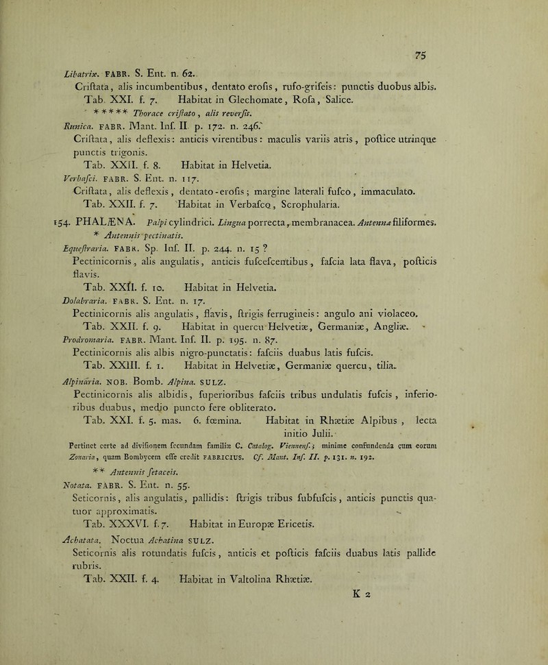 Libatrix. FABR. S. Ent. n. 62. Criftata, alis incumbentibus, dentato erofis, rufo-grifeis: punctis duobus albis. Tab XXI. f. 7. Habitat in Glechomate, Rofa, Salice. * * * * * 'f/:)0race crijiato , alis reverjis. Runica. FABR. Mant. lnf. II p. 172- n. 246.' Criftata, alis deflexis: anticis virentibus: maculis variis atris, pollice utrinque punctis trigonis. Tab. XXII. f. 8. Habitat in Helvetia. Verbafci. FABR. S. Ent. n. 117. Criftata, alis deflexis , dentato -erofis ; margine laterali fufco , immaculato. Tab. XXII. f. 7. Habitat in Verbafco, Scrophularia. 154. PHAL/ENA. Palpi cylindrici. Lingua porrecta, membranacea. Antenna filiformes. * Antennis pectinatis. Equefraria. FABK. Sp. Inf. II. p. 244. n. 15 ? Pectinicornis, alis angulatis, anticis fufcefcentibus, fafcia lata flava, pollicis flavis. Tab. XX'fl. f. 10. Habitat in Helvetia. Dolabraria. F/vBK. S. Ent. n. 17. Pectinicornis alis angulatis , flavis, ftrigis ferrugineis: angulo ani violaceo. Tab. XXII. f. 9. Habitat in quercu Helvetiae, Germaniae, Angliae. Prodromaria. FABR. Mant. Inf. II. p. 195. n. 87. Pectinicornis alis albis nigro-punctatis: fafciis duabus latis fufcis. Tab. XXIII. f. 1. Habitat in Helvetiae, Germaniae quercu, tilia., Alpinaria. NOB. Bomb. Alpina. SULZ. Pectinicornis alis albidis, fuperioribus fafciis tribus undulatis fufcis, inferio- ribus duabus, medio puncto fere obliterato. Tab. XXI. f. 5. mas. 6. foemina. Habitat in Rhaetiae Alpibus , lecta initio Julii. Pertinet certe ad divifionem fecundam familia! C. Catalog. Viennenf-, minime confundenda cum eorum Zonaria, quam Bombycem elfe credit Fabricius. Cf. Mant. Inf. II. p. 131. n. 192. * * Antennis fetae eis. Rotata. FABR. S. Ent. n. 55. Seticornis, alis angulatis, pallidis: flrigis tribus fubfufcis , anticis punctis qua- tuor approximatis. Tab. XXXVI. f. 7. Habitat in Europae Ericetis. Acbatata. Noctua Achatina SULZ. Seticornis alis rotundatis fufcis, anticis et pollicis fafciis duabus latis pallide rubris. Tab. XXII. f. 4. Habitat in Valtolina Rhaetiae. K 2