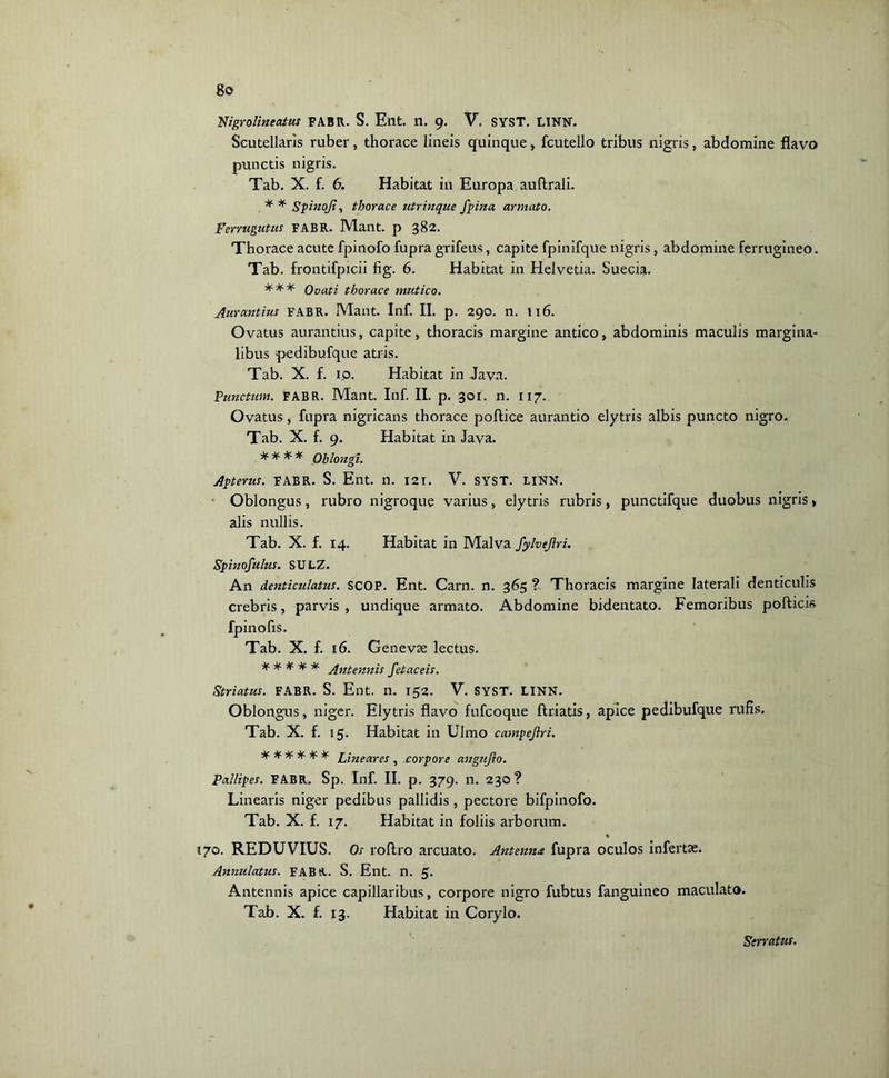 Nigrolineatus FABR. S. Ent. n. 9. V, SYST. LINN. Scutellaris ruber, thorace lineis quinque, fcutello tribus nigris, abdomine flavo punctis nigris. Tab. X. f. 6. Habitat in Europa auftrali. * * Spinoji, thorace utrinque fpina armato. Ferrugutus FABR. Mant. p 382. Thorace acute fpinofo fupragrifeus, capite fpinifque nigris, abdomine ferrugineo. Tab. frontifpicii fig. 6. Habitat in Helvetia. Suecia. *** Ovati thorace mutico. Aurantius FABR. Mant. Inf. II. p. 290. n. 116. Ovatus aurantius, capite, thoracis margine antico, abdominis maculis margina- libus -pedibufque atris. Tab. X. f. ip. Habitat in .Java. Punctum. FABR. Mant. Inf. II. p. 301. n. 117. Ovatus, fupra nigricans thorace poftice aurantio elytris albis puncto nigro. Tab. X. f. 9. Habitat in Java. * * * * Oblongi. Apterus. FABR. S. Ent. n. I2T. V. SYST. LINN. Oblongus, rubro nigroque varius, elytris rubris, punctifque duobus nigris, alis nullis. Tab. X. f. 14. Habitat in Malva fylvejlri. Spinosulus. SULZ. An denticulatus. SCOP. Ent. Carn. n. 365 ? Thoracis margine laterali denticulis crebris, parvis , undique armato. Abdomine bidentato. Femoribus pollicis fpinofis. Tab. X. f 16. Genevae lectus. * *■ * % *■ Antennis fetaceis. Striatus. FABR. S. Ent. n. 152. V. SYST. LINN. Oblongus, niger. Elytris flavo fufcoque ftriatis, apice pedibufque rufis. Tab. X. f. 15. Habitat in Ulmo campejlri. * * * * * * Lineares , corpore angujlo. Pallipes. FABR. Sp. Inf II. p. 379. n. 230 ? Linearis niger pedibus pallidis, pectore bifpinofo. Tab. X. f. 17. Habitat in foliis arborum. % 170. REDUVIUS. Os rollro arcuato. Antenna fupra oculos infertae. Annulatus. FABA. S. Ent. n. 5. Antennis apice capillaribus, corpore nigro fubtus fanguineo maculato. Tab. X. f. 13. Habitat in Corylo. Serratus.