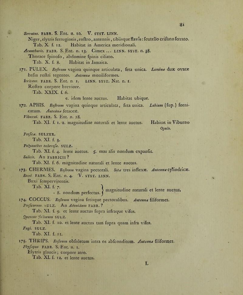 Niger, elytris ferrugineis, roftro, antennis , tibiisque flavis: fcutello criftato ferrato. Tab. X. f. 12. Habitat in America meridionali. Acantharis. F.AER. S. Eat. n. 13. Cimex... LINN. SYST. n. 3$. Thorace fpinofo , abdomine fpinis ciliato. Tab. X. f. 8. Habitat in Jamaica. 171. PULEX. Rofirum vagina quinque articulata, feta unica. Lamina duae ovatae bafin roftri tegentes. Antenna moniliformes. Irritans. FABII. S. Ent. n I. LINN. SYST. Nat. n. I. Roftro corpore breviore. Tab. XXIX. £ 6. e. idem lente auctus. Habitat ubique. 172. APHXS. Rofirum vagina quinque articulata, feta unica. Labium (fup.) forni- catum. Antenna fetaceaC. Viburni. FABR. S. Ent. n. 18. Tab. XI. f. 1. 2. magnitudine naturali et lente auctus. Habitat in Viburno Opulo. Perfica. SULZER. Tab. XI. f. 3. Polyanthes tuher.ofa. SULZ. Tab. XI. f. 4. lente auctus. 5. mas alis nondum expanfts. Salicis. An FABRICII? Tab. XI. f. 6. magnitudine naturali et lente auctus. 173. CHERMES. Rofirum vagina pectorali. Seta tres inflexae. Antenna cylindricae. Buxi. FAB K_ S. Ent. n. 4. 'V. SYST. LINN. Buxi fempervirentis. Tab. XI. £7. 'j . . _ , r > magnitudine naturali et lente auctus. - 8. nondum perfectus. J 0 174. COCCUS. Rofirum vagina fetisque pectoralibus. Antenna filiformes. Perficorum. s U LZ. An Adonidum FABR. ? Tab. XI. f. 9. et lente auctus fupra infraque vifus. fhiercus'foliorum SULZ. Tab. XI. f. 10. et lente auctus tam fupra quam infra vifus. Fagi. SULZ. Tab. XI. £ 11, 175- THRIPS. Rofir um obfoletum intra os abfconditum. Antenna filiformes. Pbyfapus FABR. S. Ent. n. l. Elytris glaucis ; corpore atro. Tab. XI. f. 12. et lente auctus. L