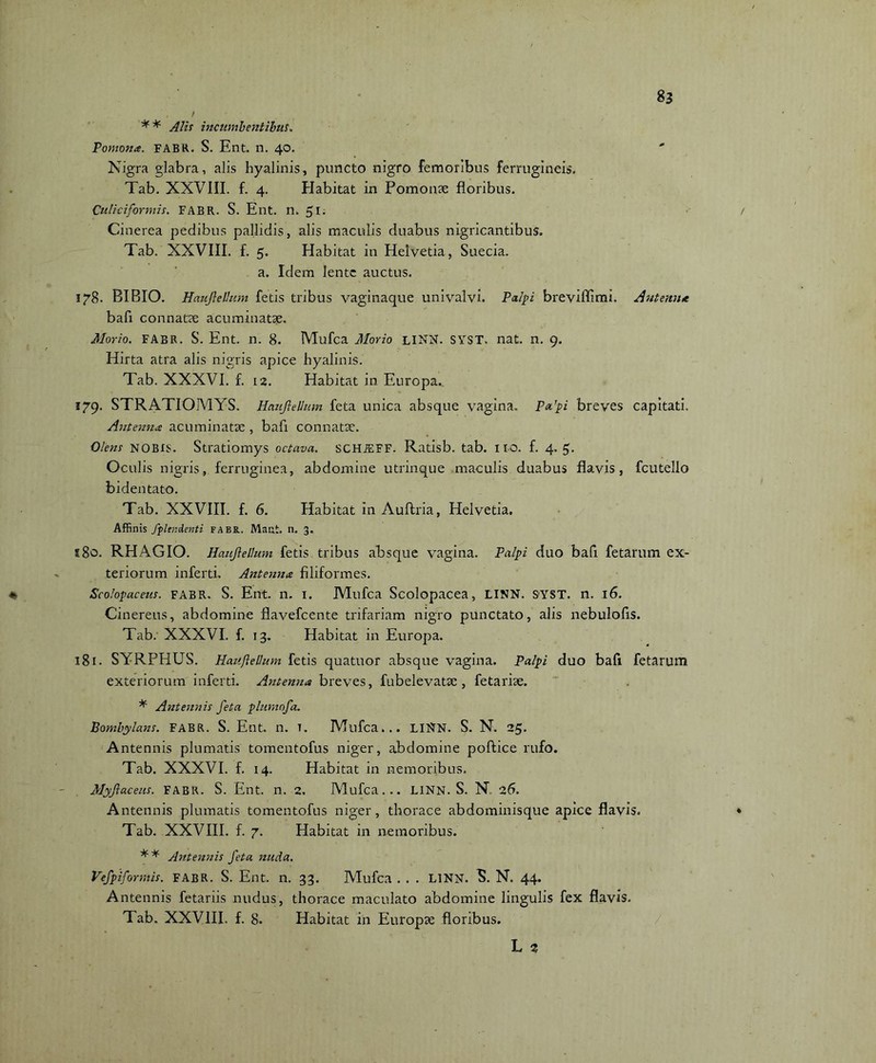 ** Alis incumbentibus, Pomona. FABR. S. Ent. n. 40. Nigra glabra, alis hyalinis, puncto nigro femoribus ferrugineis. Tab. XXVIII. f. 4. Habitat in Pomonte floribus. Culiciformis. FABR. S. Ent. n. 51. r Cinerea pedibus pallidis, alis maculis duabus nigricantibus. Tab. XXVIII. f. 5. Habitat in Helvetia, Suecia. a. Idem lente auctus. 178. BIBIO. Haujlelhim fetis tribus vaginaque univalvi. Palpi breviflimi. Antenna bafi connatae acuminatae. Morio. FABR. S. Ent. n. 8. lYTufca Morio LINN. SYST. nat. n. 9. Hirta atra alis nigris apice hyalinis. Tab. XXXVI. f. i2. Habitat in Europa. 179. STRATIOMYS. Haujlelhim feta unica absque vagina. Pa'pi breves capitati. Antenna acuminatae , bafi connatae. Olens NOBIS. Stratiomys octava. SCHJEFF. Ratisb. tab. HO. f. 4. 5. Oculis nigris, ferruginea, abdomine utrinque maculis duabus flavis, fcutello bidentato. Tab. XXVIII. f. 6. Habitat in Auftria, Helvetia. Affinis fplendenti fabe. Maut. n. 3. s8o. RHAGIO. Haujlelhim fetis tribus absque vagina. Palpi duo bafi fetarum ex- teriorum inferti. Antenna filiformes. Scolopaceus. FABR. S. Ent. n. 1. Mufca Scolopacea, LINN. SYST. n. 16. Cinereus, abdomine flavefeente trifariam nigro punctato, alis nebulofis. Tab. XXXVI. f. 13. Habitat in Europa. 181. SYRPHUS. Hauftellum fetis quatuor absque vagina. Palpi duo bafi fetarum exteriorum inferti. Antenna breves, fubelevatse , fetarise. * Antennis feta plumofa. Bombylans. FABR. S. Ent. n. I. IVTufca... LINN. S. N. 25. Antennis plumatis tomentofus niger, abdomine pollice rufo. Tab. XXXVI. f. 14. Habitat in nemoribus. Myjiaceus. FABR. S. Ent. n. 2. Mufca... LINN. S. N 26. Antennis plumatis tomentofus niger, thorace abdominisque apice flavis. * Tab. XXVIII. f. 7. Habitat in nemoribus. ** Antennis feta nuda. Vefpiformis. FABR. S. Ent. n. 33. Mufca . . . LINN. X N. 44* Antennis fetariis nudus, thorace maculato abdomine lingulis fex flavis. Tab. XXVIII. f. 8. Habitat in Europse floribus. L 2