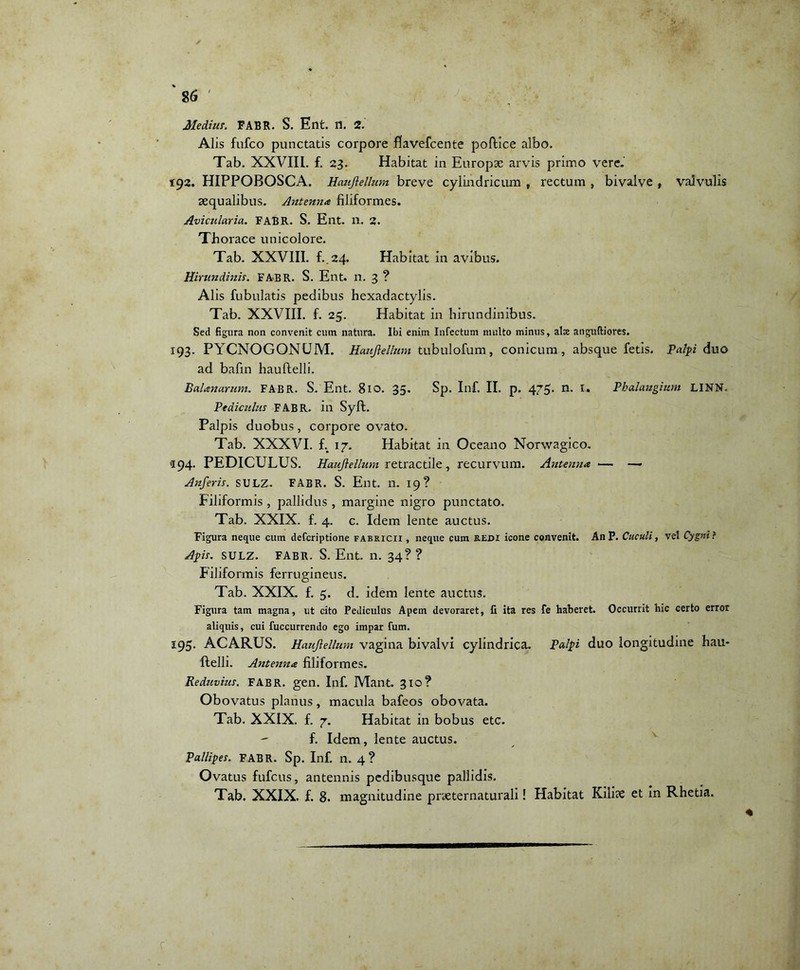 Medius. FABR. S. Ent. 11. 2. Alis fufco punctatis corpore flavefcente podice albo. Tab. XXVIII. f. 23. Habitat in Europae arvis primo vere. 192. HIPPOBOSCA. Haufiellum breve cylindricum , rectum , bivalve , valvulis aequalibus. Antenna filiformes. Avicularia. FABR. S. Ent. n. 2. Thorace unicolore. Tab. XXVIII. f.24. Habitat in avibus. Hirundinis. FABR. S. Ent. n. 3 ? Alis fubulatis pedibus hexadactylis. Tab. XXVIII. f. 23. Habitat in hirundinibus. Sed figura non convenit cum natura. Ibi enim Infectum multo minus, alse anguiliores. 193. PYCNOGONUM. Haufiellum tubulofum, conicum, absque fetis. Palpi duo ad bafin hauftelli. Balanarum. FABR. S. Ent. 8lO. 35. Sp. Inf. II. p. 475. n. I. Phalangium LINN. Pediculus FABR. in Syft. Palpis duobus, corpore ovato. Tab. XXXVI. f. 17. Habitat in Oceano Norwagico. «194. PEDICULUS. Haufiellum retractile, recurvum. Antenna — —- Anferis. SULZ. FABR. S. Ent. n. 19? Filiformis , pallidus , margine nigro punctato. Tab. XXIX. f. 4. c. Idem lente auctus. Figura neque cum defcriptione fabricii , neque cum redi icone convenit. AnP. Cuculi, vel Cygnit Apis. SULZ. FABR. S. Ent. n. 34? ? Filiformis ferrugineus. Tab. XXIX. f. 5. d. idem lente auctus. Figura tam magna, ut cito Pediculus Apem devoraret, fi ita res fe haberet. Occurrit hic certo error aliquis, cui fuccurrendo ego impar fum. 195. ACARUS. Haufiellum vagina bivalvi cylindrica. Palpi duo longitudine hau- ftelli. Antenna filiformes. Reduvius. FABR. gen. Inf. Mant. 310? Obovatus planus, macula bafeos obovata. Tab. XXIX. f. 7. Habitat in bobus etc. f. Idem, lente auctus. Pallipes. FABR. Sp. Inf. n. 4? Ovatus fufcus, antennis pedibusque pallidis. Tab. XXIX. f. 8. magnitudine praeternaturali! Habitat Kilhe et in Rhetia. f'